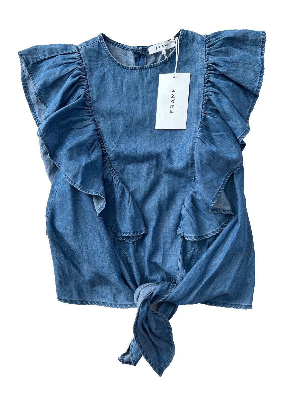 Frame FRAME Knot Ruffled Tie Chambray Denim Flutter Top xs Size XS / US 0-2 / IT 36-38 - 4 Thumbnail