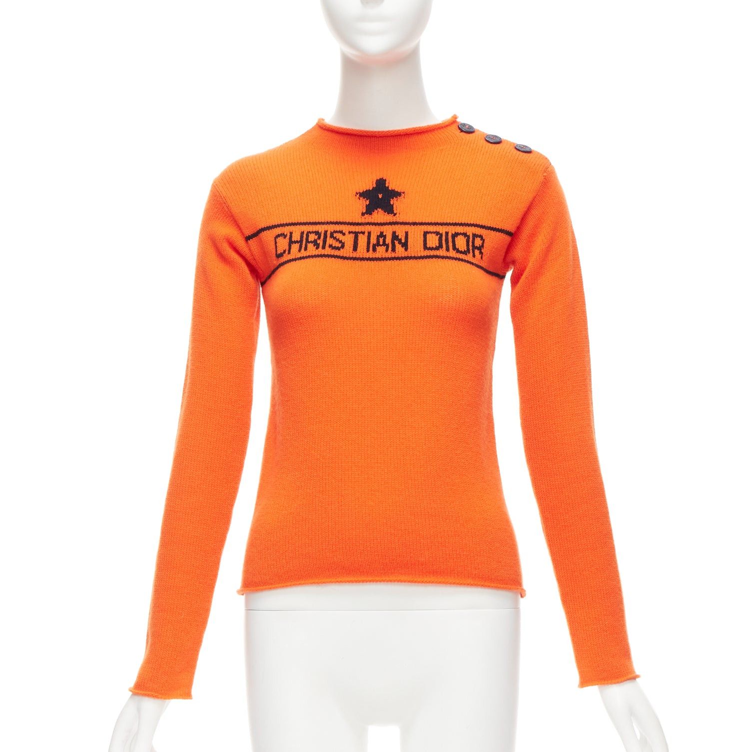 image of Christian Dior 2022 100% Cashmere Orange Star Logo Long Sleeve Button Sweater Fr34 Xxs, Women's