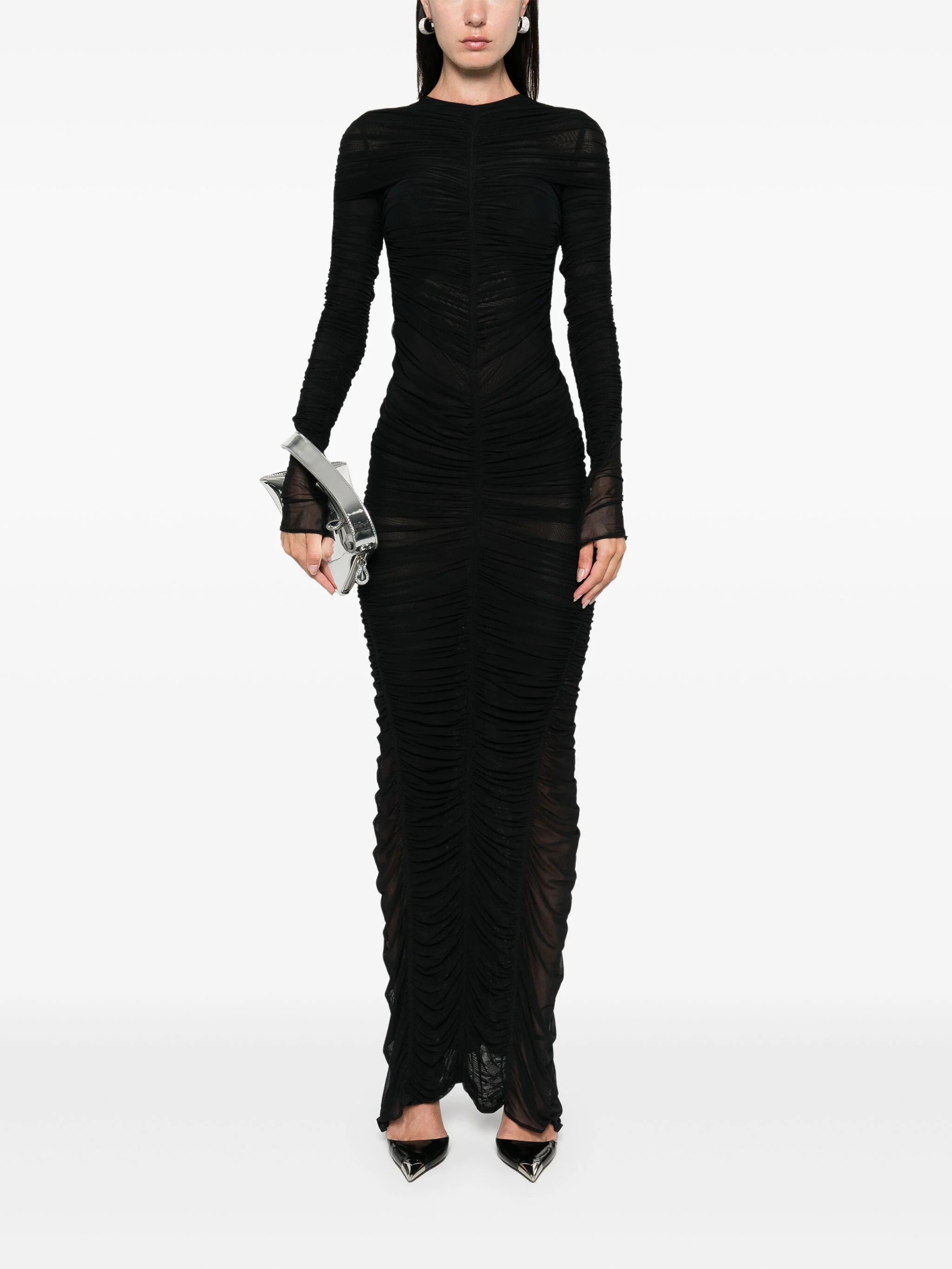 Mugler o1s22i1n1024 Mesh Fabric Ruffled Maxi Dress in Black Size S / US 4 / IT 40 - 1 Thumbnail