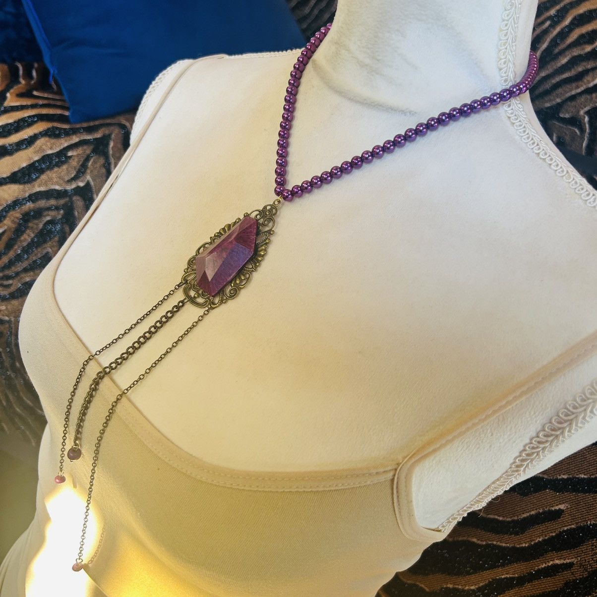 Handmade Handcrafted purple faceted high dome brass filigree necklace Size ONE SIZE - 3 Thumbnail