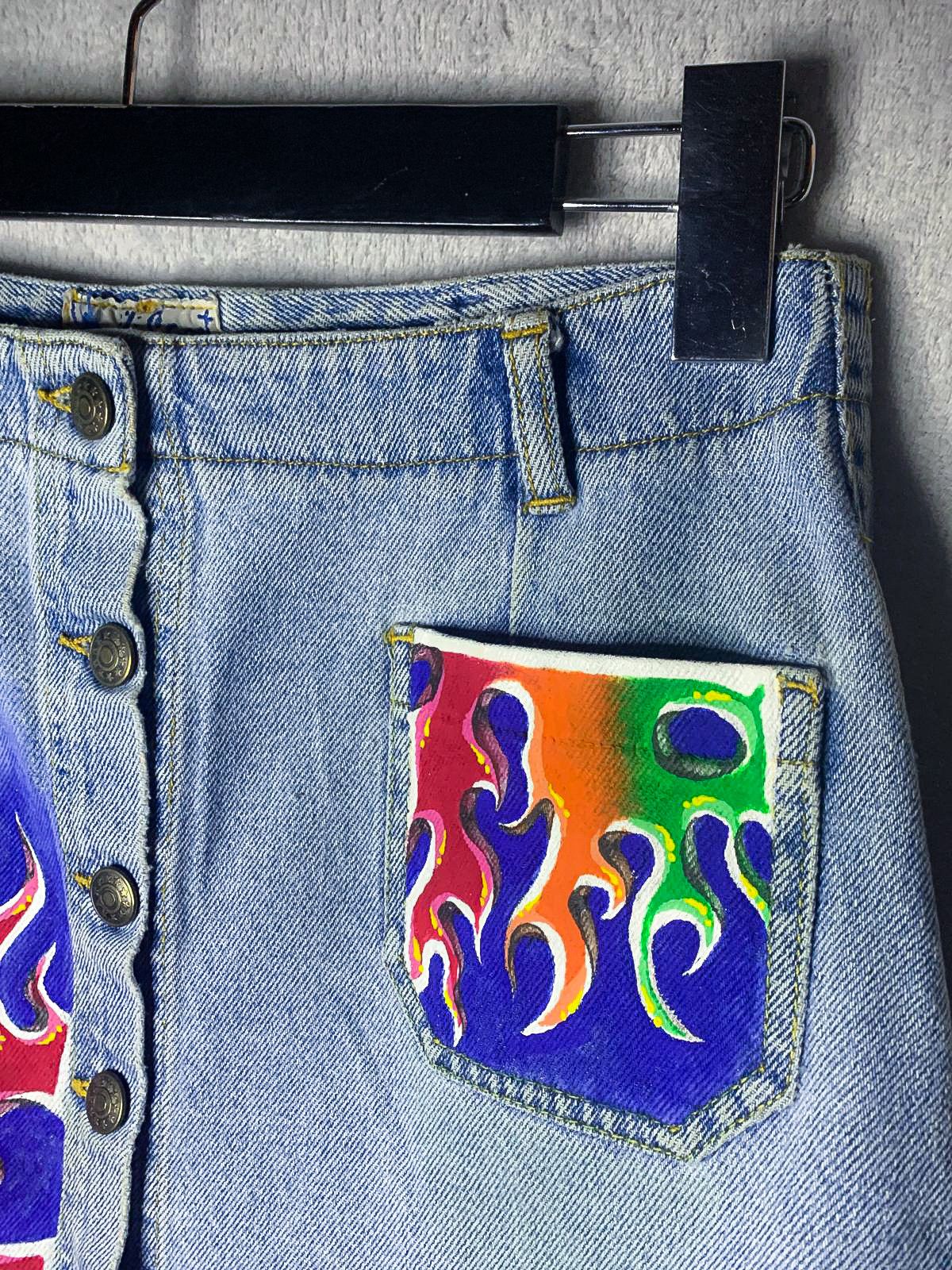 Handmade × Vintage Mini skirt fire flame art handmade Size 26" / US 2 / IT 38 - 4 Thumbnail