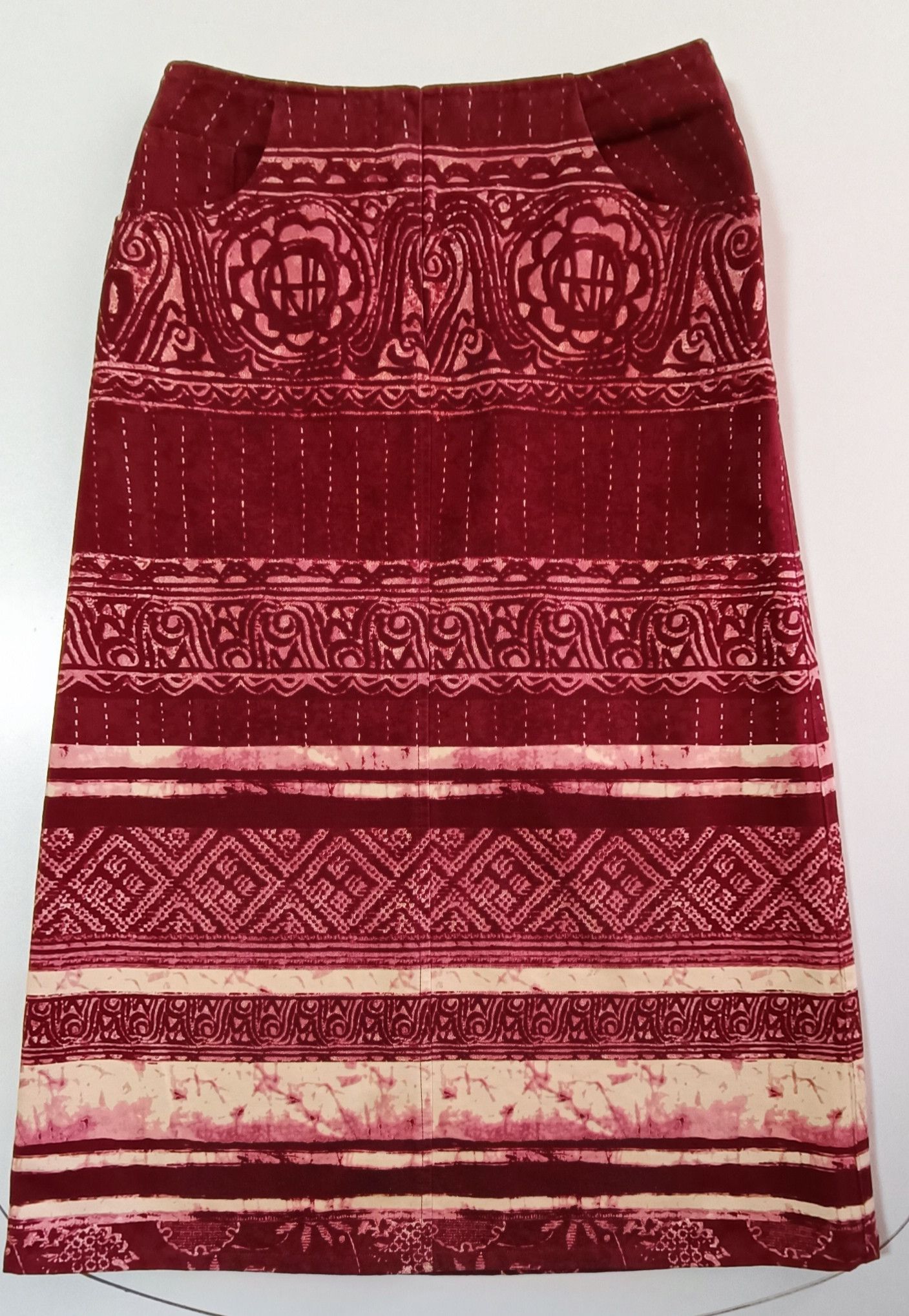 Jean Paul Gaultier 90's- Burgundy maxi skirt with ethnic print. Size 28" / US 6 / IT 42 - 11 Thumbnail