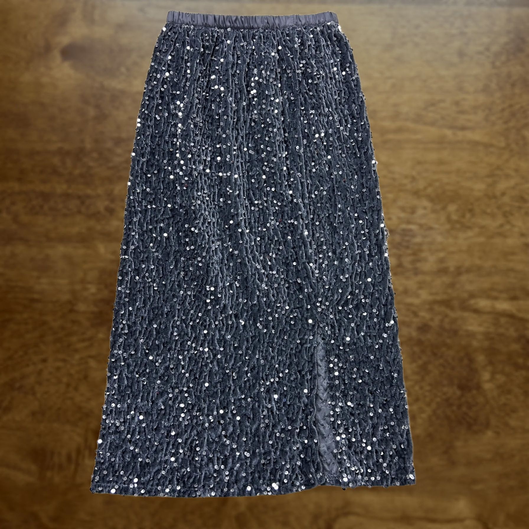 Velvet Gray Sequin Velvet Midi Skirt Womens Large Pencil Elastic Waist Party Cocktail Slit Lined Velvet Soft Size 36" / US 14 / IT 50 - 1 Thumbnail