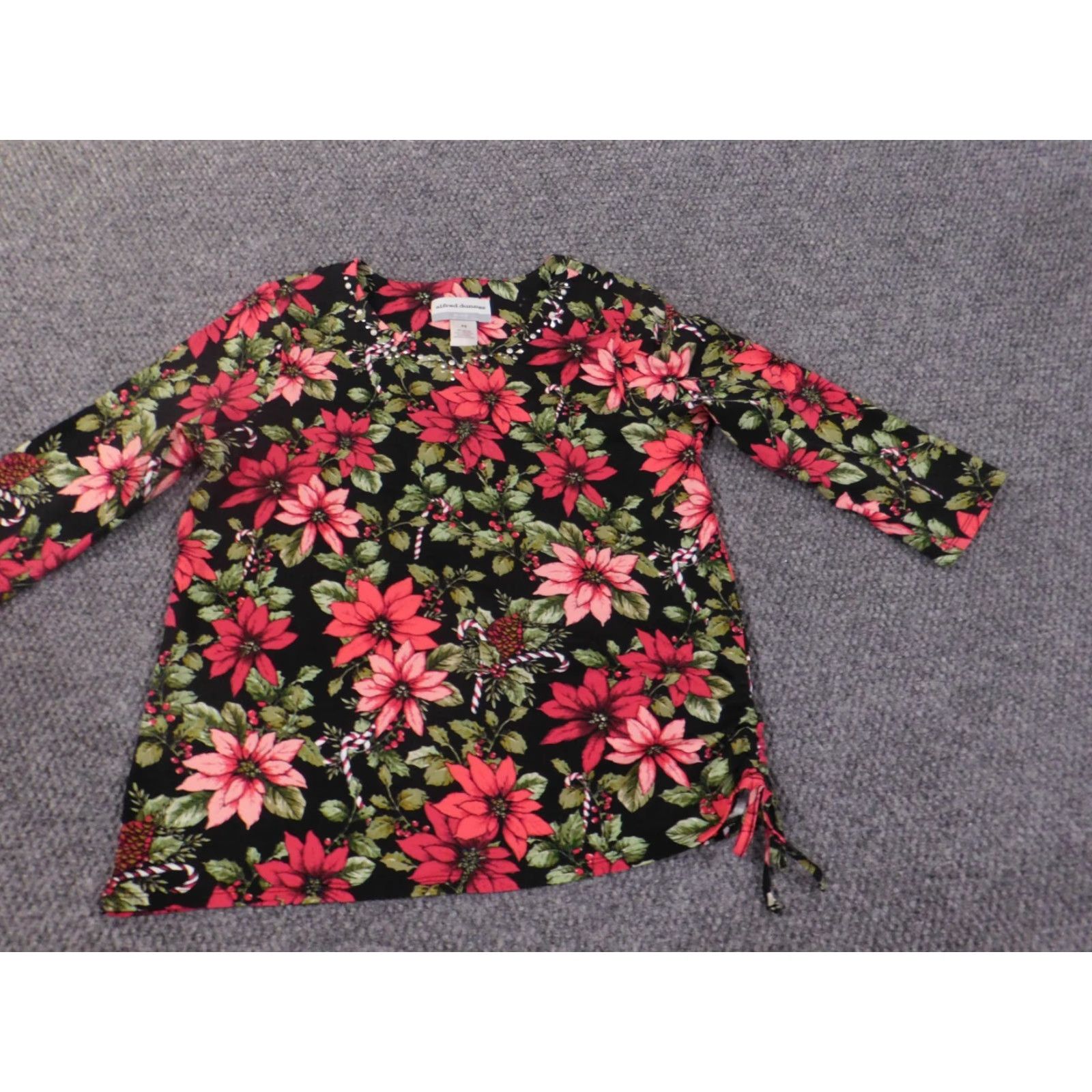 Vintage Alfred Dunner Blouse Shirt Petite PS Women Red Floral Cotton Spandex Stretch Round Neck Long Sleeve Pullover Casual Weekend Flower Size S / US 4 / IT 40 - 3 Thumbnail