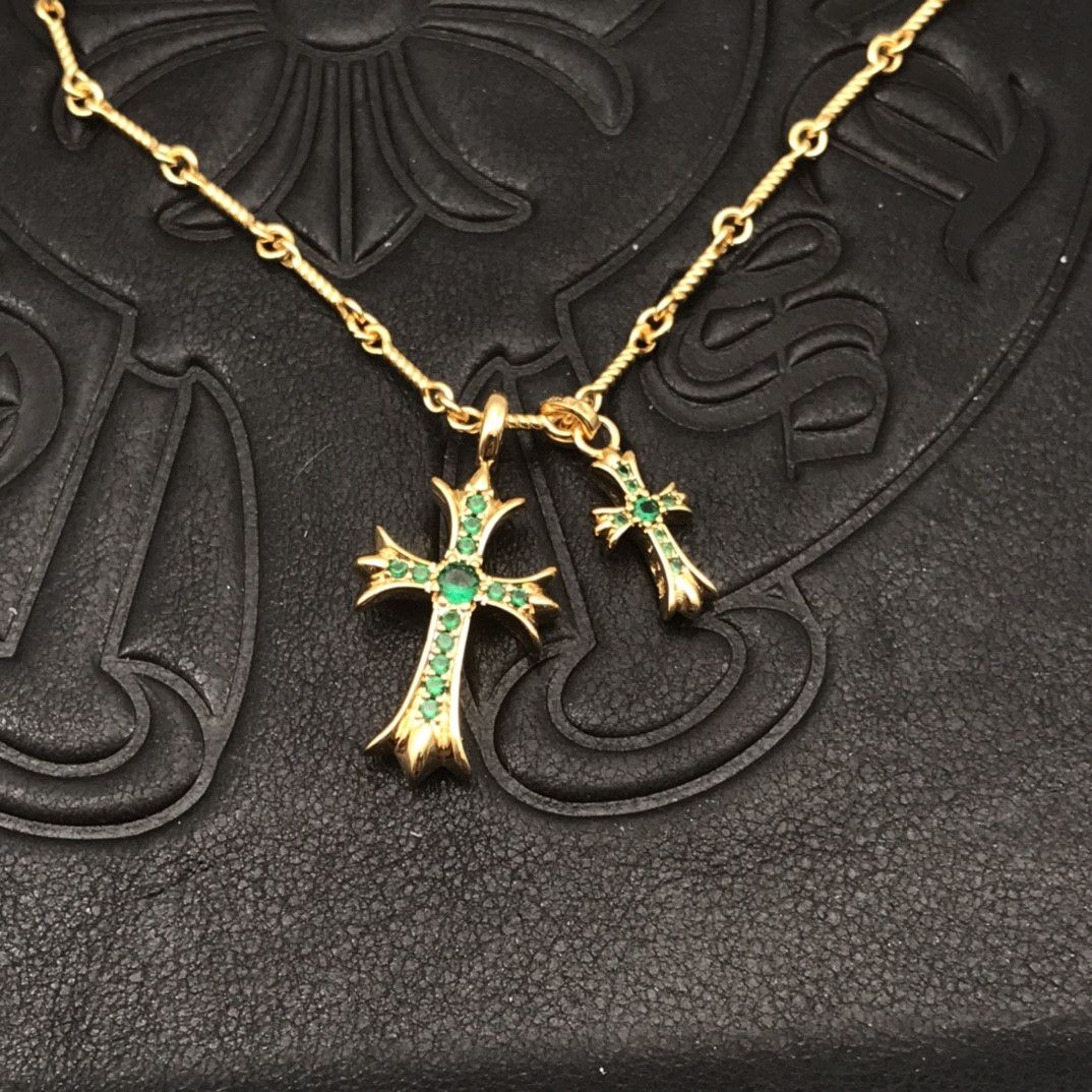 Vintage Green Diamond Double Cross Necklace 50 CM Size ONE SIZE - 2 Thumbnail