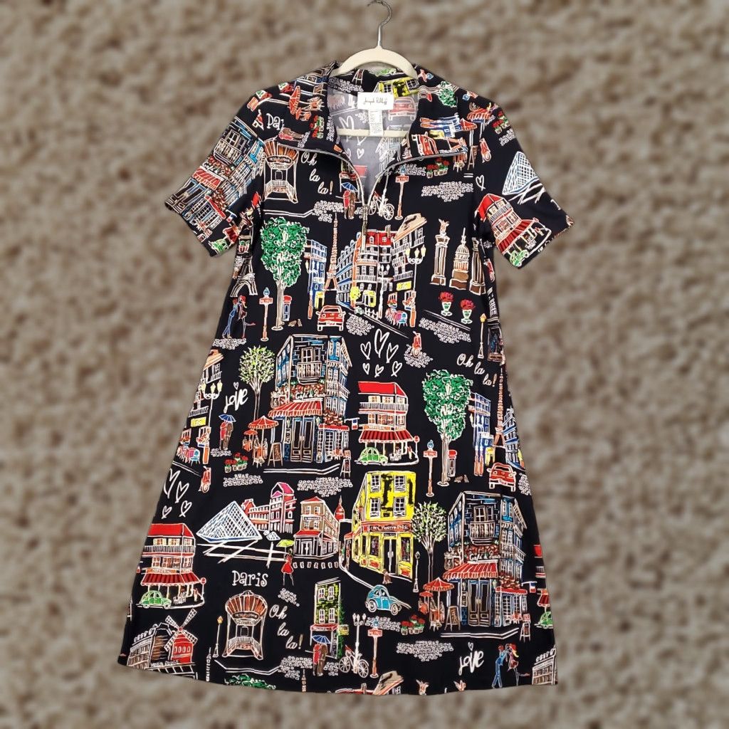 Joseph Ribkoff Joseph Ribkoff Dress Womens 6 A-Line Trapeze Shift Knee Length Multicolor Zip Paris Love Parisian Print Casual Party/Cocktail Travel Womens Size M / US 6-8 / IT 42-44 - 1 Thumbnail
