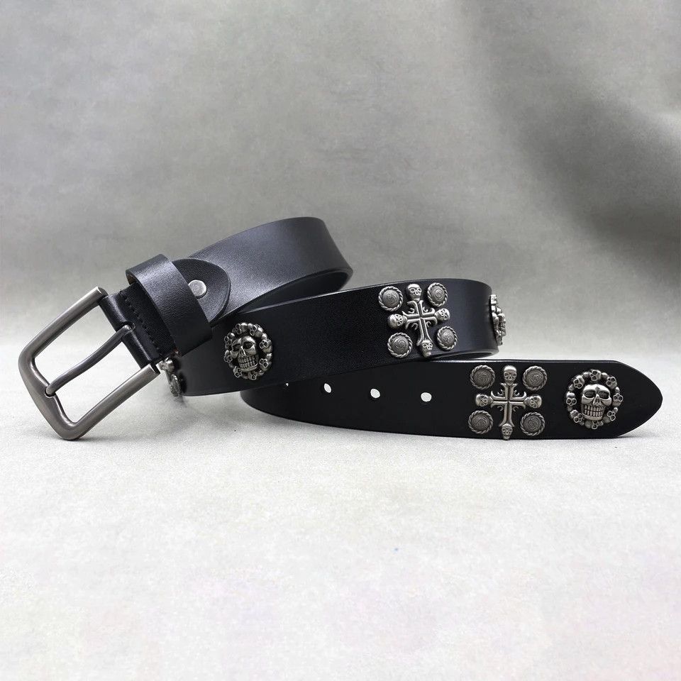 Genuine Leather × Vintage Skull Cross Rivet Belt Leather Size ONE SIZE - 3 Thumbnail