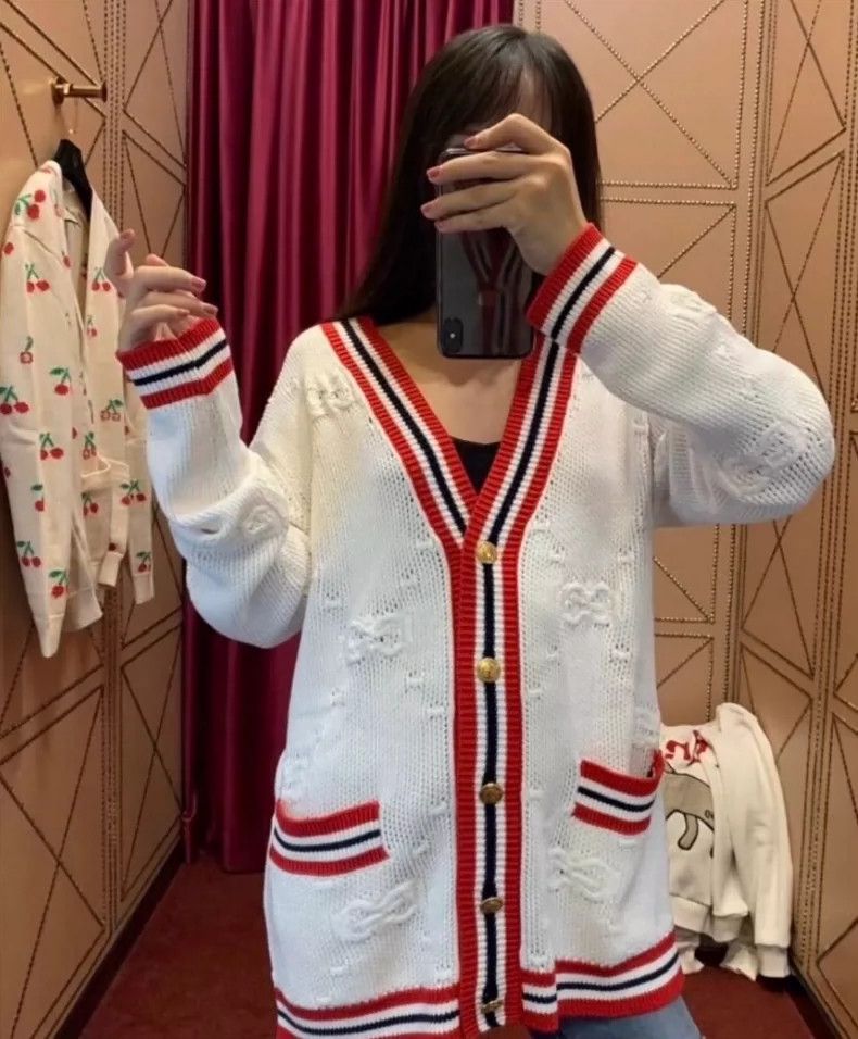 Gucci Gucci Beige striped logo jacquard hollow wool V-neck long-s Size M / US 6-8 / IT 42-44 - 9 Thumbnail