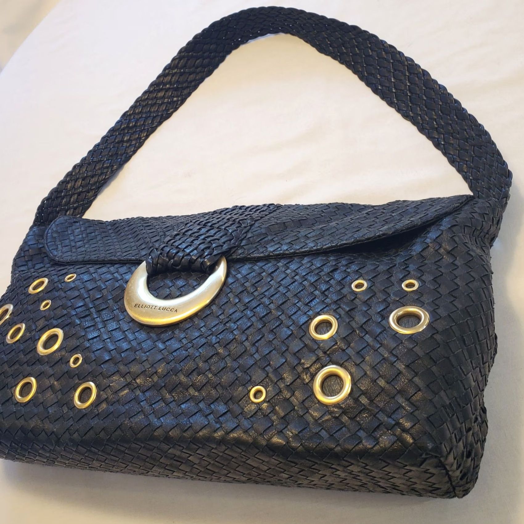 Vintage Elliott Lucca Black Leather Braided Slouch Shoulder Bag Bronze Bubble Hardware Ladies Medium Bag Size ONE SIZE - 2 Thumbnail