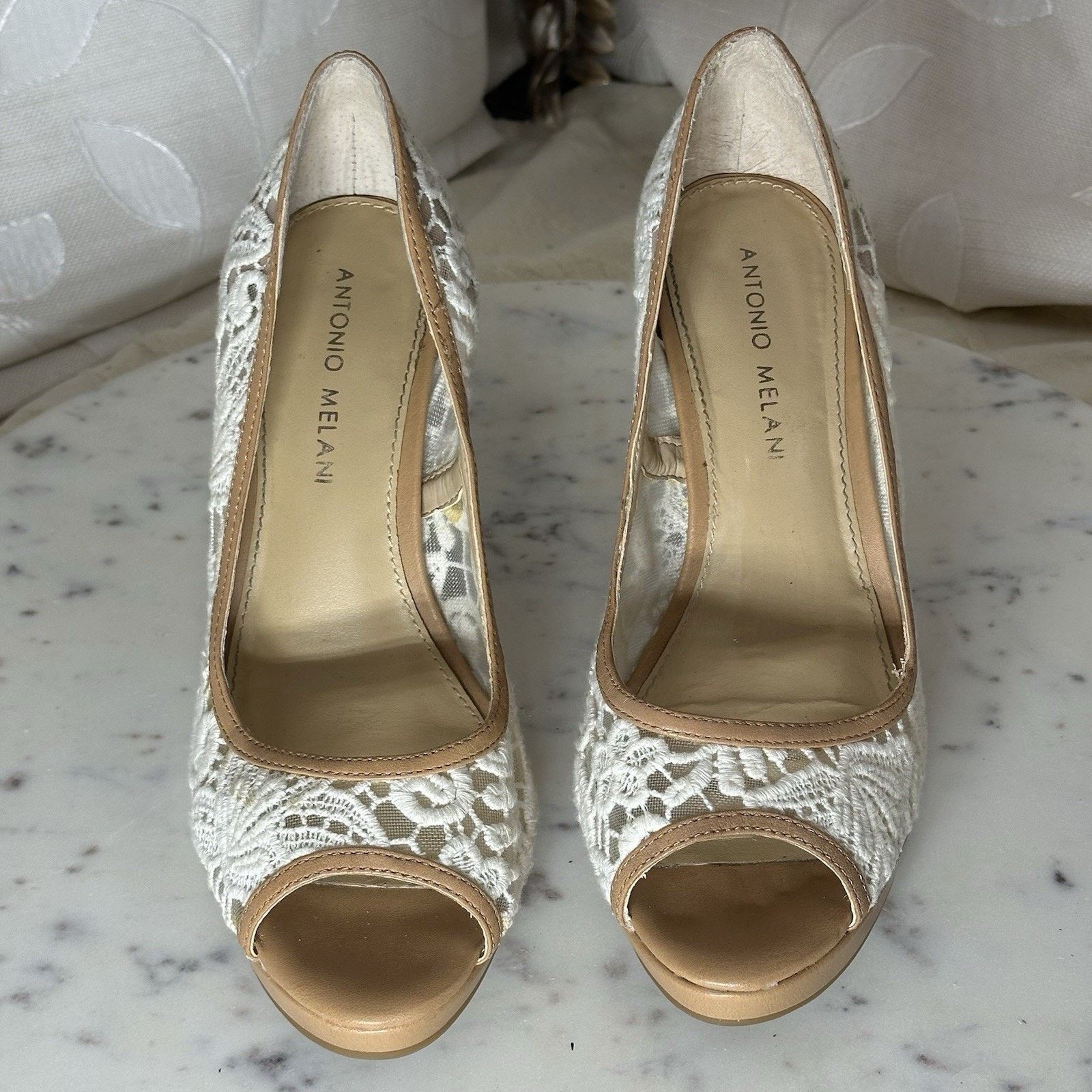 Other Antonio Melani 7.5 Cream Lace Peep-Toe Heels Bridal Boho Size US 7.5 / IT 37.5 - 8 Thumbnail