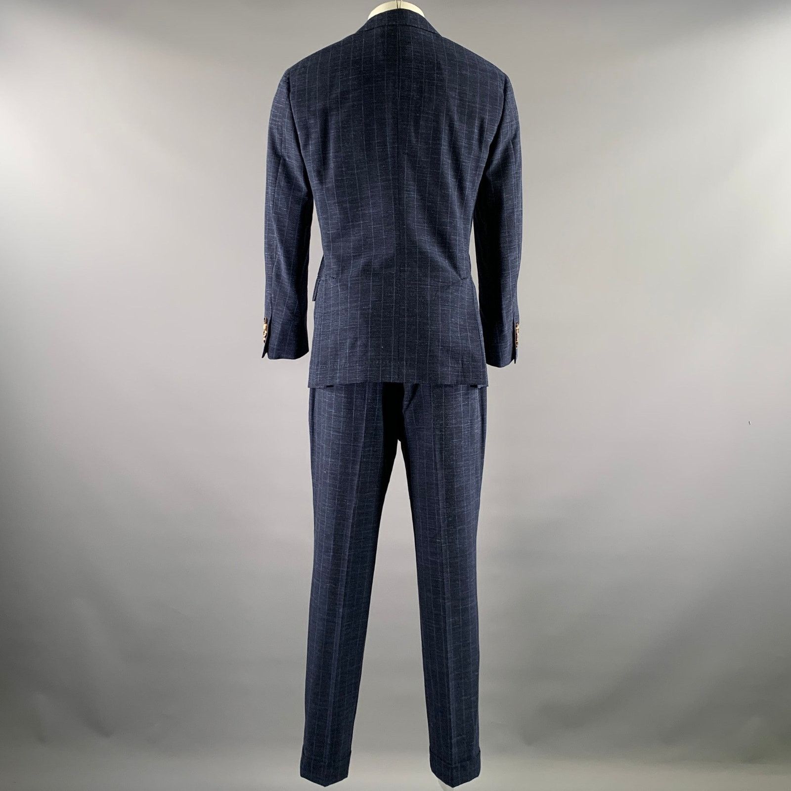 Brunello Cucinelli BRUNELLO CUCINELLI 38 Navy Window Pane Wool Blend Suit Size 38R - 3 Thumbnail