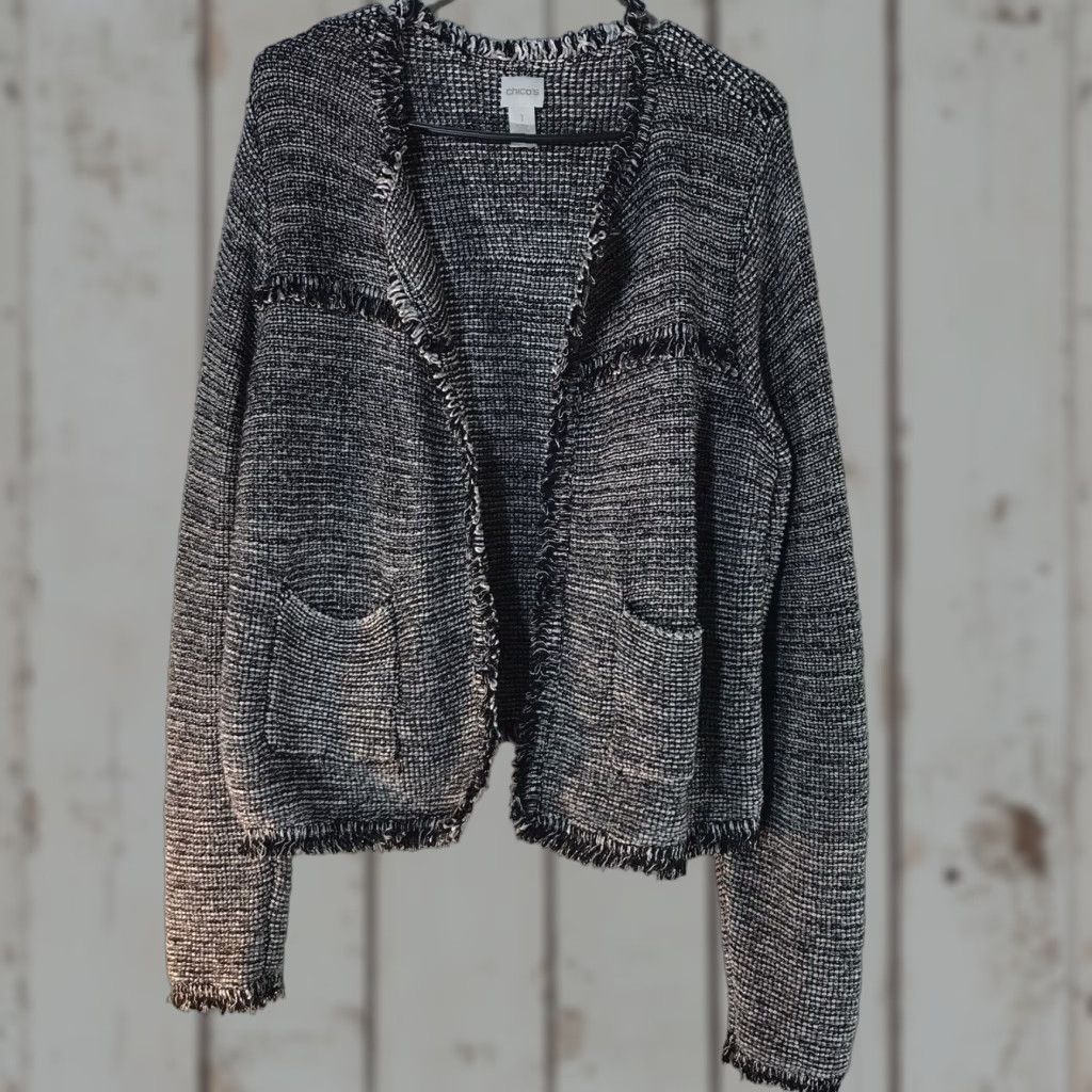 Vintage Chico's Black/White Herringbone Open Front Cardigan Sweater with Fringe Women's Size 1/M US Size XS / US 0-2 / IT 36-38 - 1 Thumbnail
