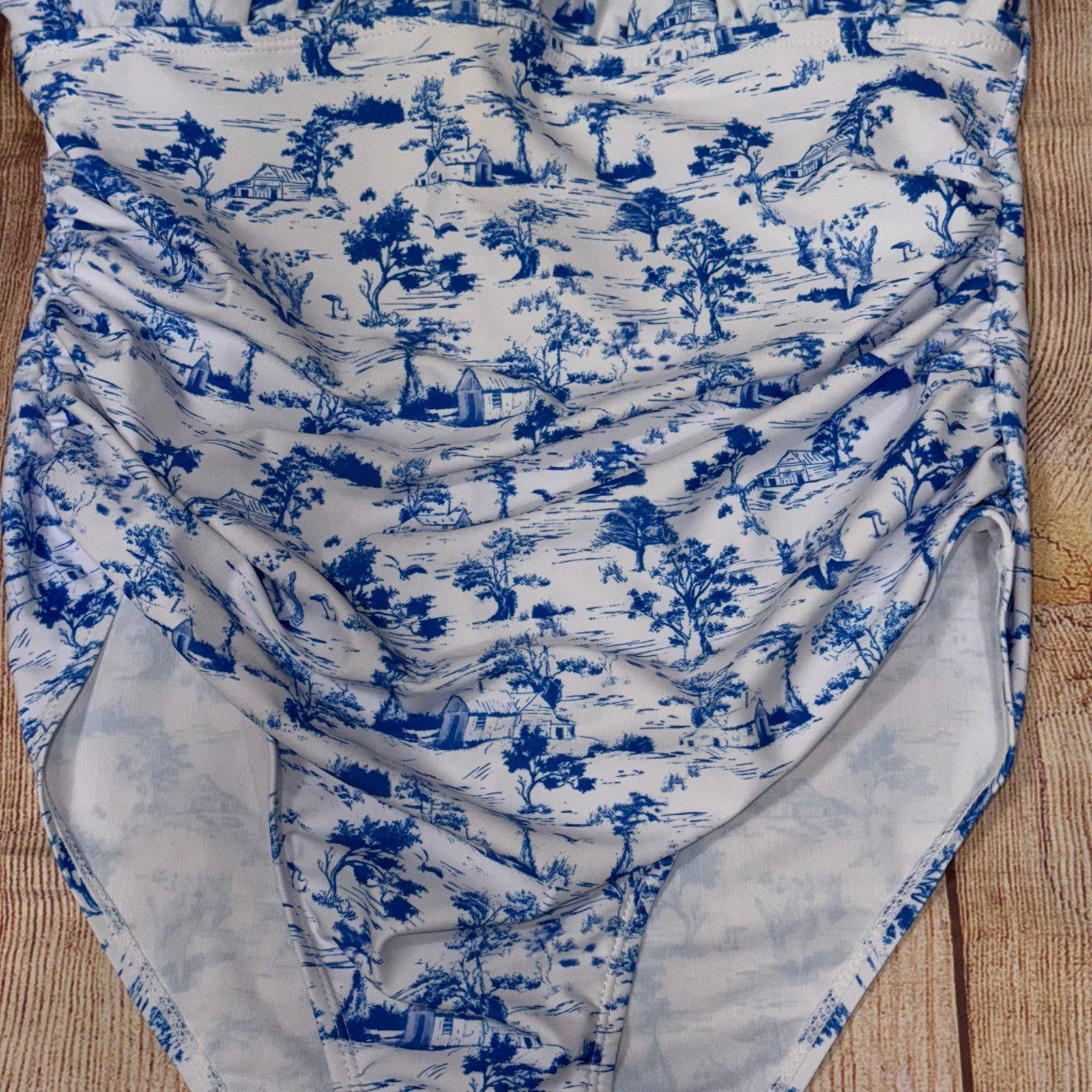 Other Blue and White Toile Print One-Piece Swimsuit, Women's Large Size ONE SIZE - 3 Thumbnail