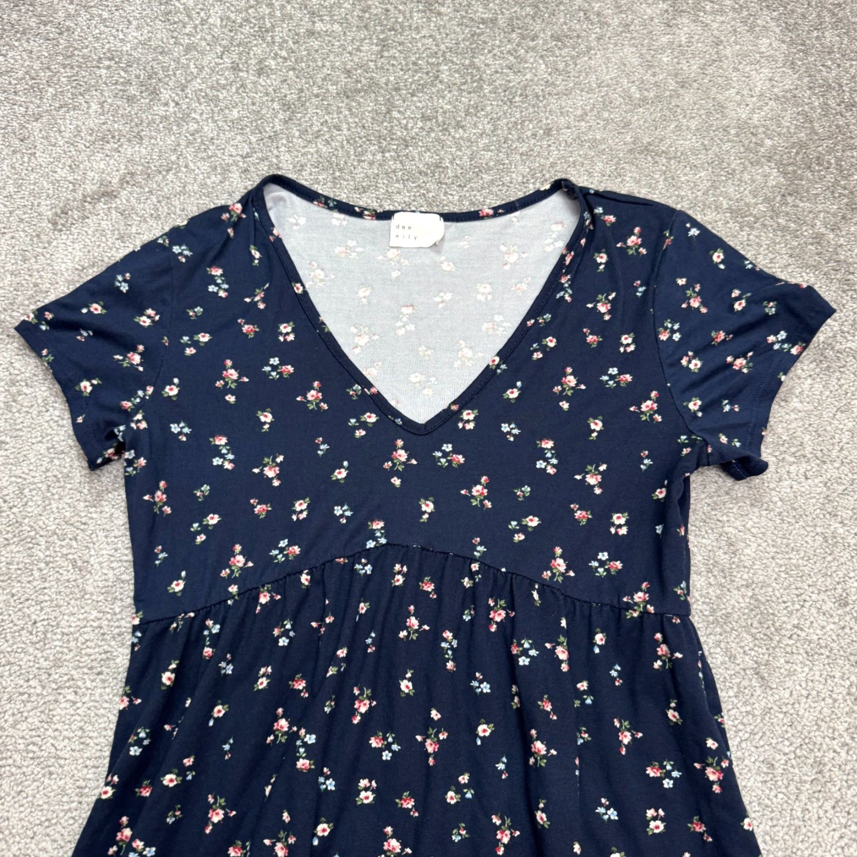 Vintage Dee Elly Women's Ruffle A-Line Midi Dress Casual Summer Floral Blue V-Neck Short Sleeve Medium Size 32" / US 10 / IT 46 - 3 Thumbnail