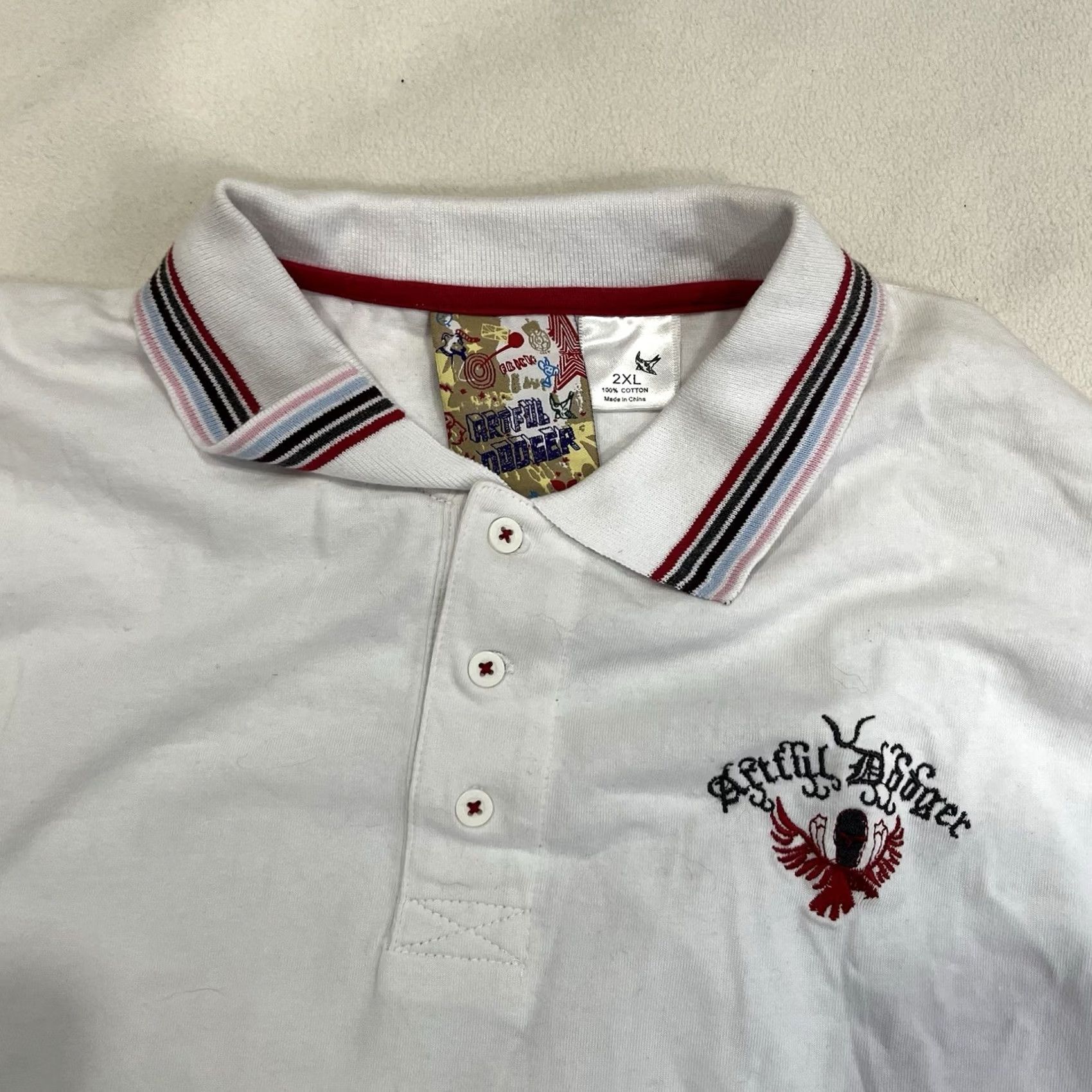 Vintage Artful Dodger Mens T-Shirt Polo Shirt White Embroidered Geometric Long Sleeve 2XL Cotton Mens Shirts Corporate? Size US XXL / EU 58 / 5 - 4 Thumbnail