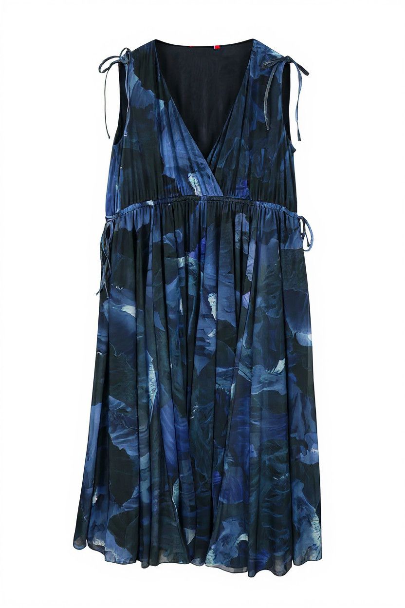 MAX&Co. M Dark Blue Floral Print V-Neck Sleeveless Midi Dress 89036 Size M / US 6-8 / IT 42-44 - 2 Thumbnail
