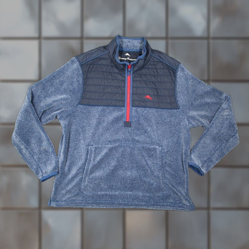 Tommy Bahama TOMMY BAHAMA Jacket Mens XL Blue 1/4 Zip Fleece Bomber Jacket Classic Logo Tailored for Golf, Travel, Workwear Mens XL Blue Size US XL / EU 56 / 4 - 1 Thumbnail