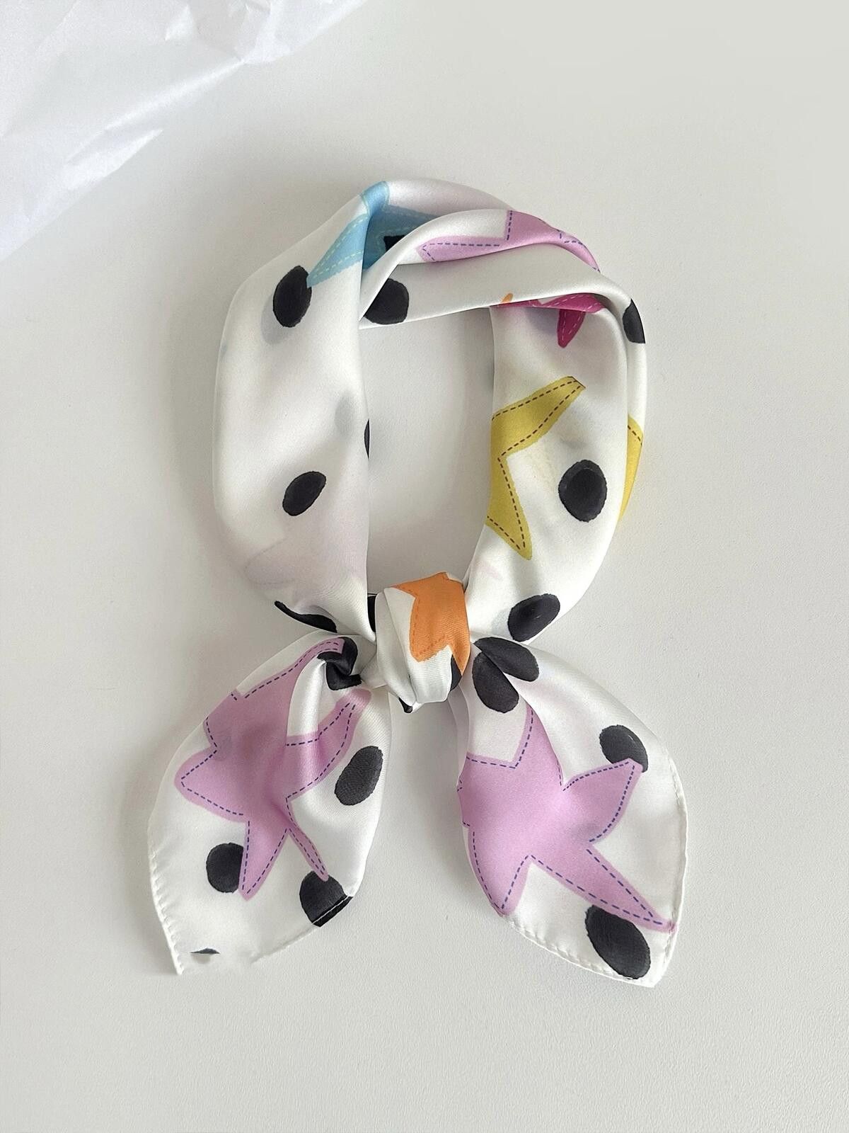 Japanese Brand Playful Star Polka Dot Silk Feel Scarf Y2K Kidcore Aesthetic Size ONE SIZE - 4 Thumbnail