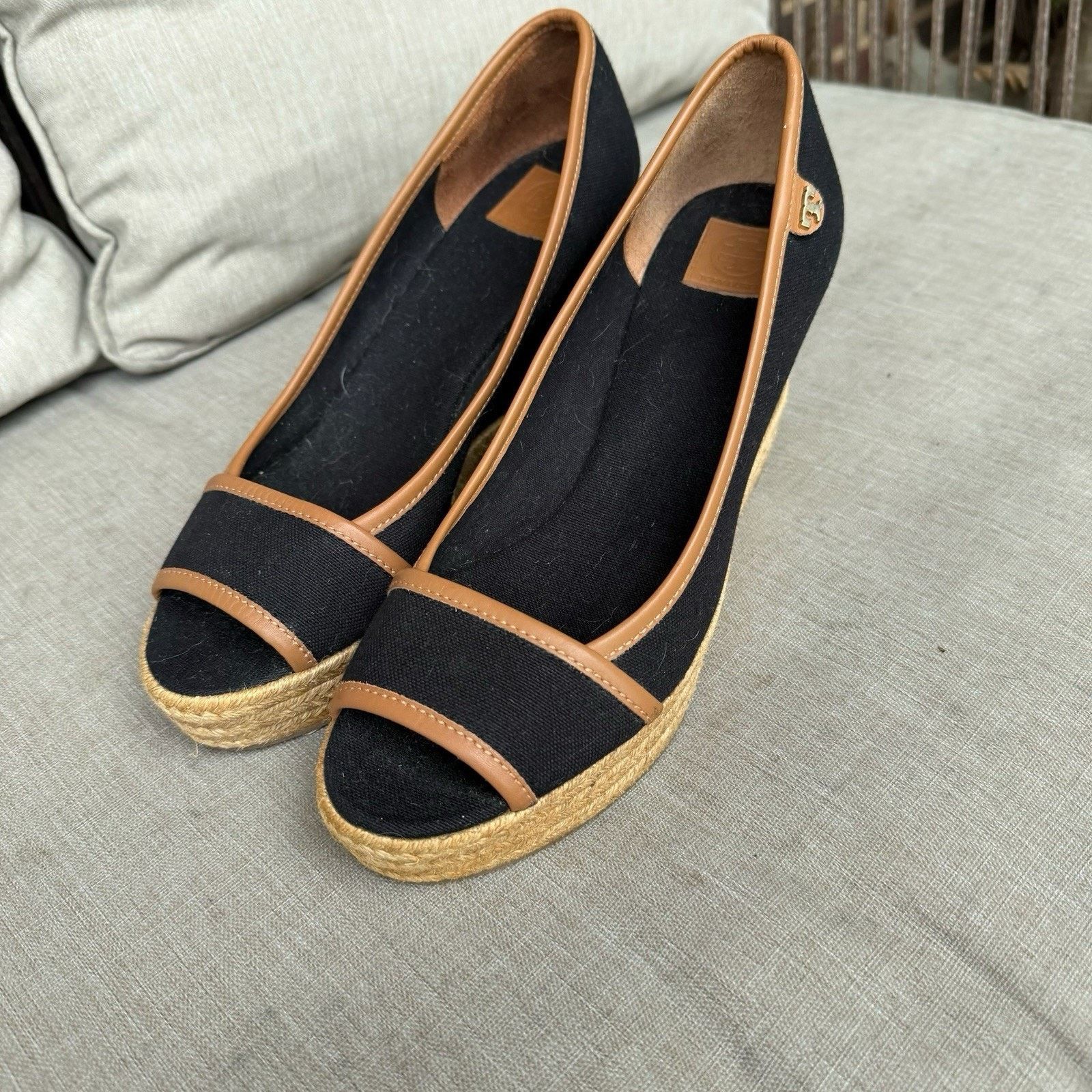 Tory Burch TORY BURCH Majorca Canvas Leather Sandal Pump 9.5 Black Tan Size US 9.5 / IT 39.5 - 3 Thumbnail