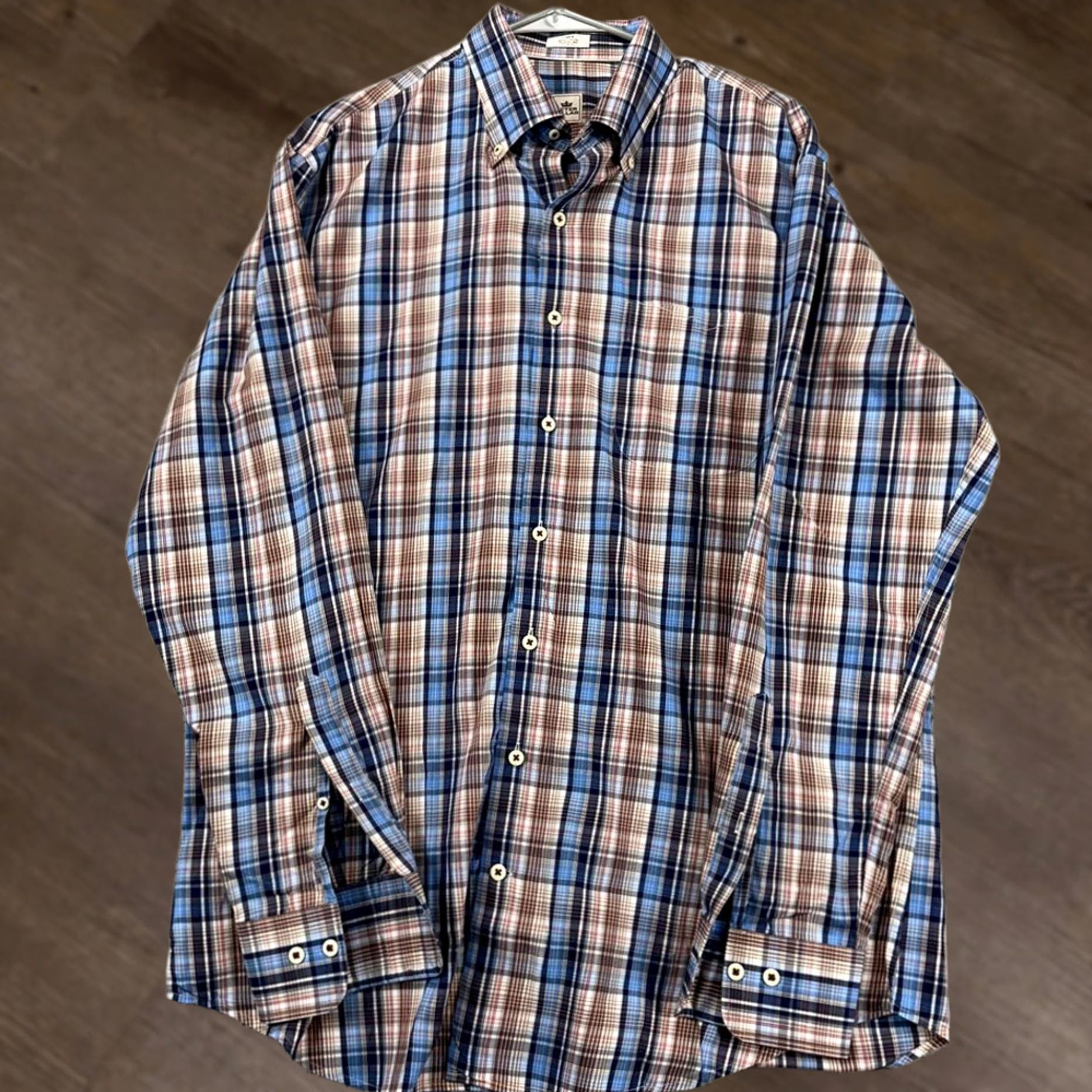 Peter Millar Peter Millar Shirt Mens Large Blue Brown Plaid Button-Down Casual Long Sleeve Regular Fit Mens Wool Cotton Button-Up Shirt Size US L / EU 52-54 / 3 - 1 Thumbnail