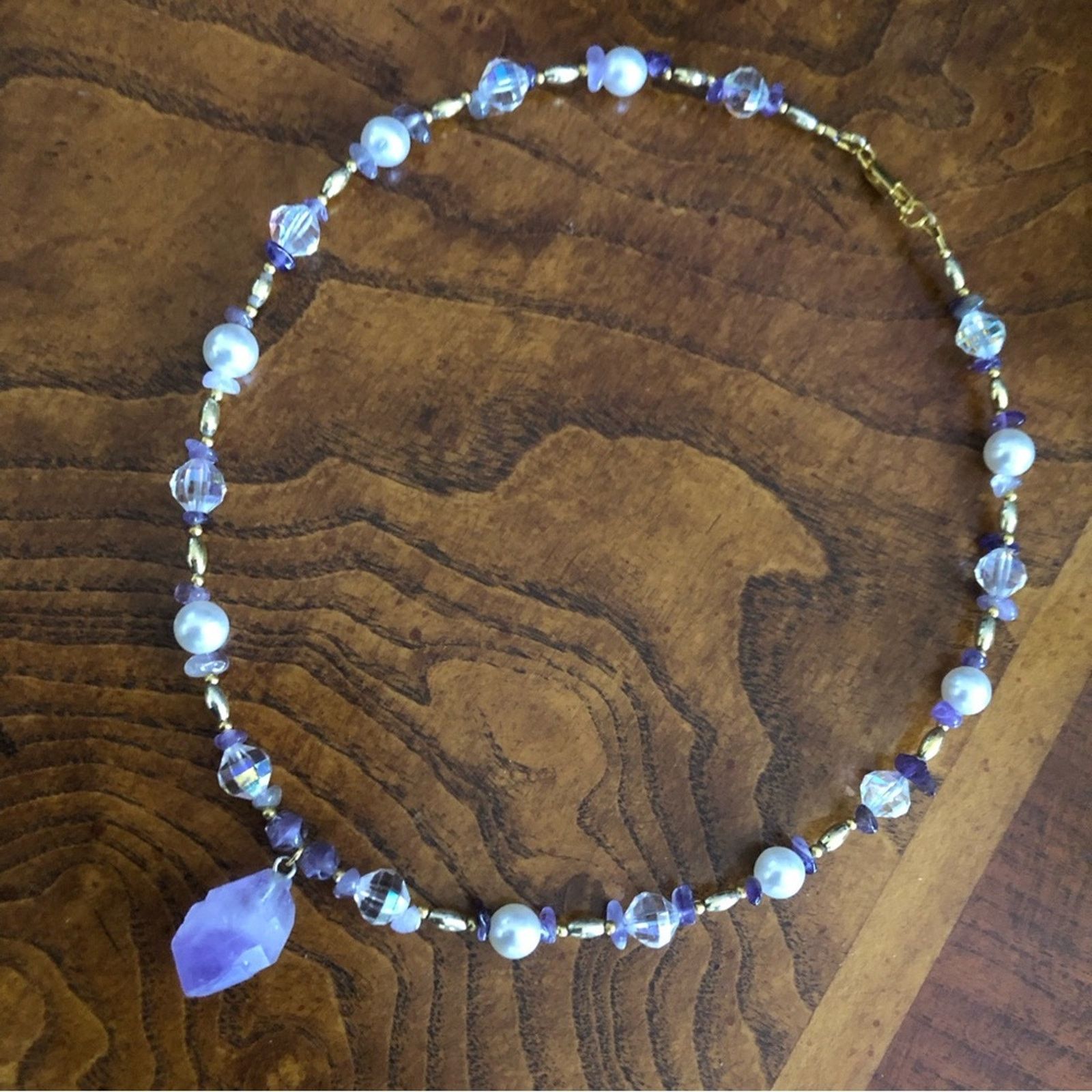 Handmade Handcrafted repurpose genuine amethyst slab pearl necklace Size ONE SIZE - 8 Thumbnail