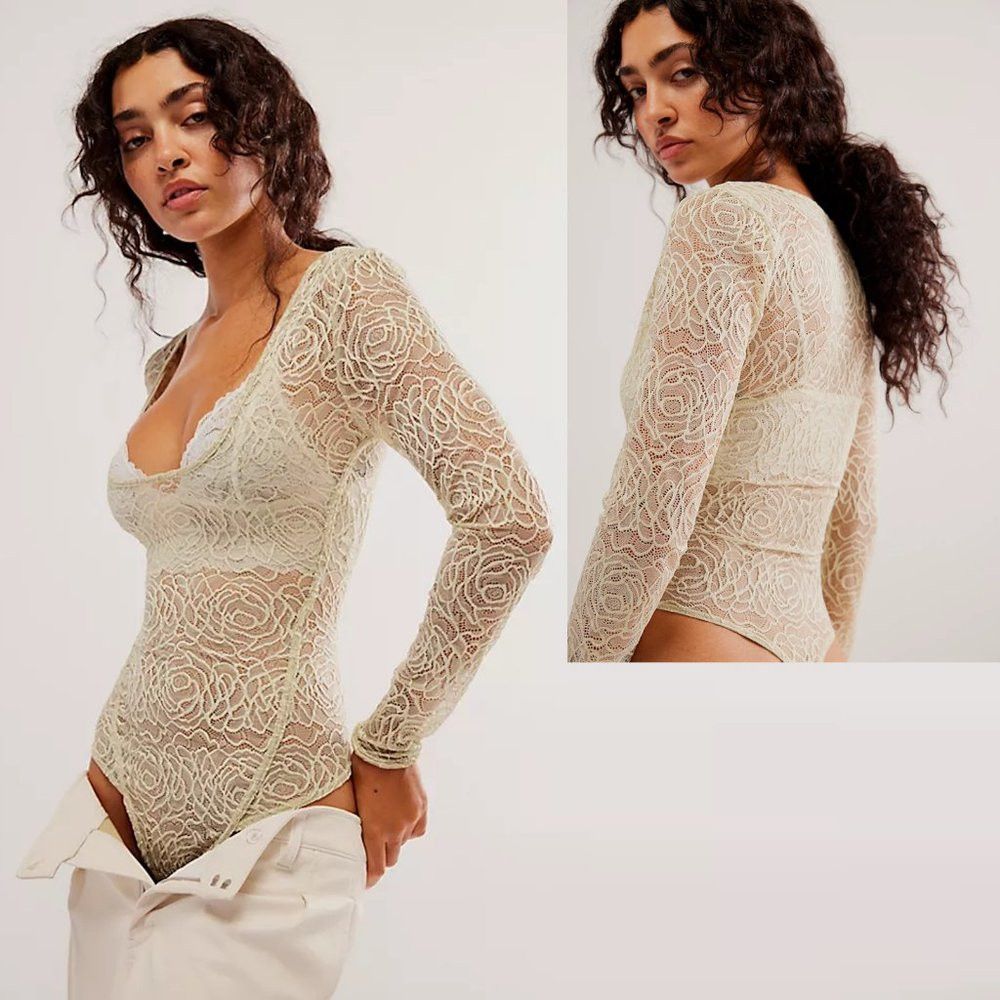 Free People New Free People In My Head Light Green Lace Long Sleeve Bod Size S / US 4 / IT 40 - 1 Thumbnail