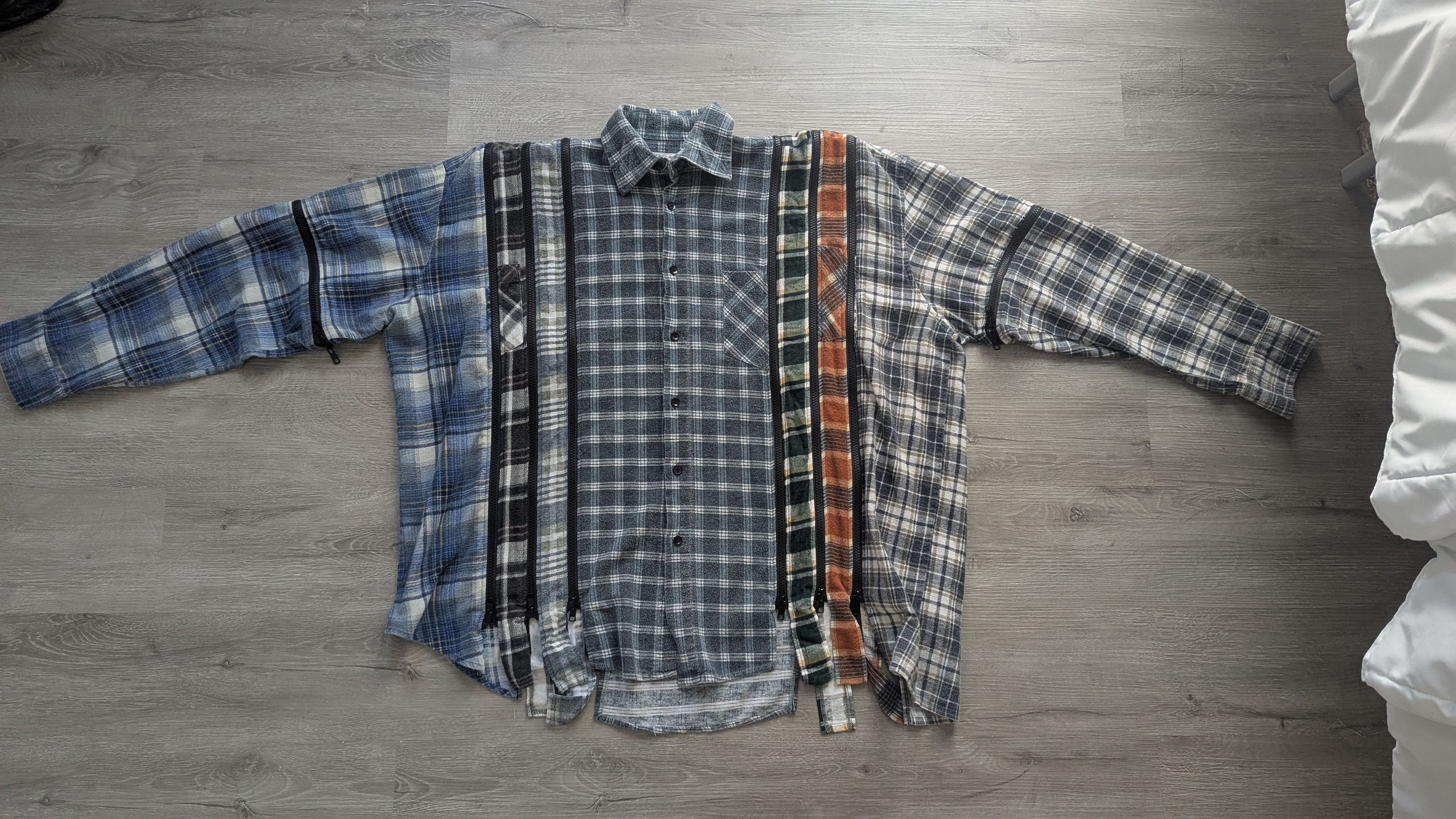 Pre-owned Needles Rebuild By  7 Cuts Zipped Wide Flannel Shirt In Black