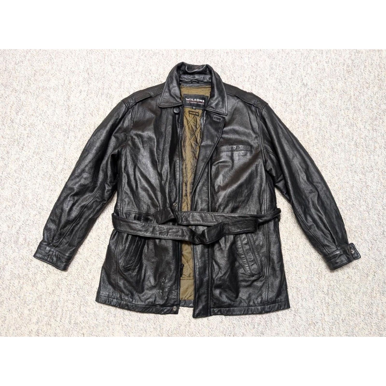 Vintage VINTAGE WILSONS Leather Belted Car Coat Jacket L Mens 44 Black Belted 1990s Size US L / EU 52-54 / 3 - 3 Thumbnail