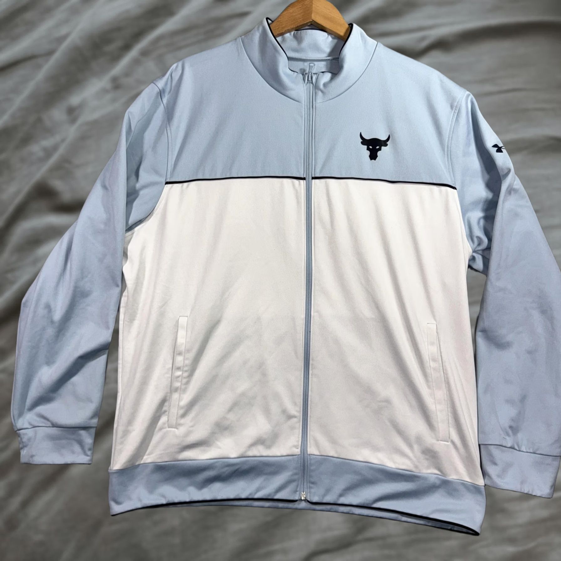 Under Armour Under Armour Project Rock Track Jacket Mens 2XL Blue White Full Zip Colorblock Jacket Pockets Size US XXL / EU 58 / 5 - 1 Thumbnail
