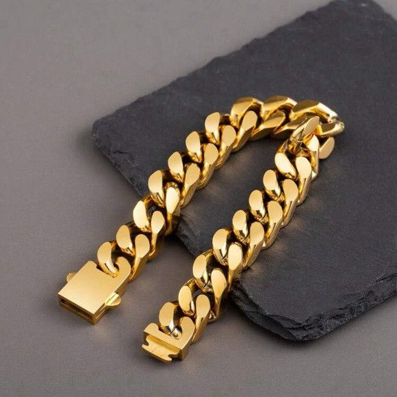 Other Men Gold 13mm Wide Stainless Steel Miami Curb Chain Bracelet Size ONE SIZE - 7 Thumbnail