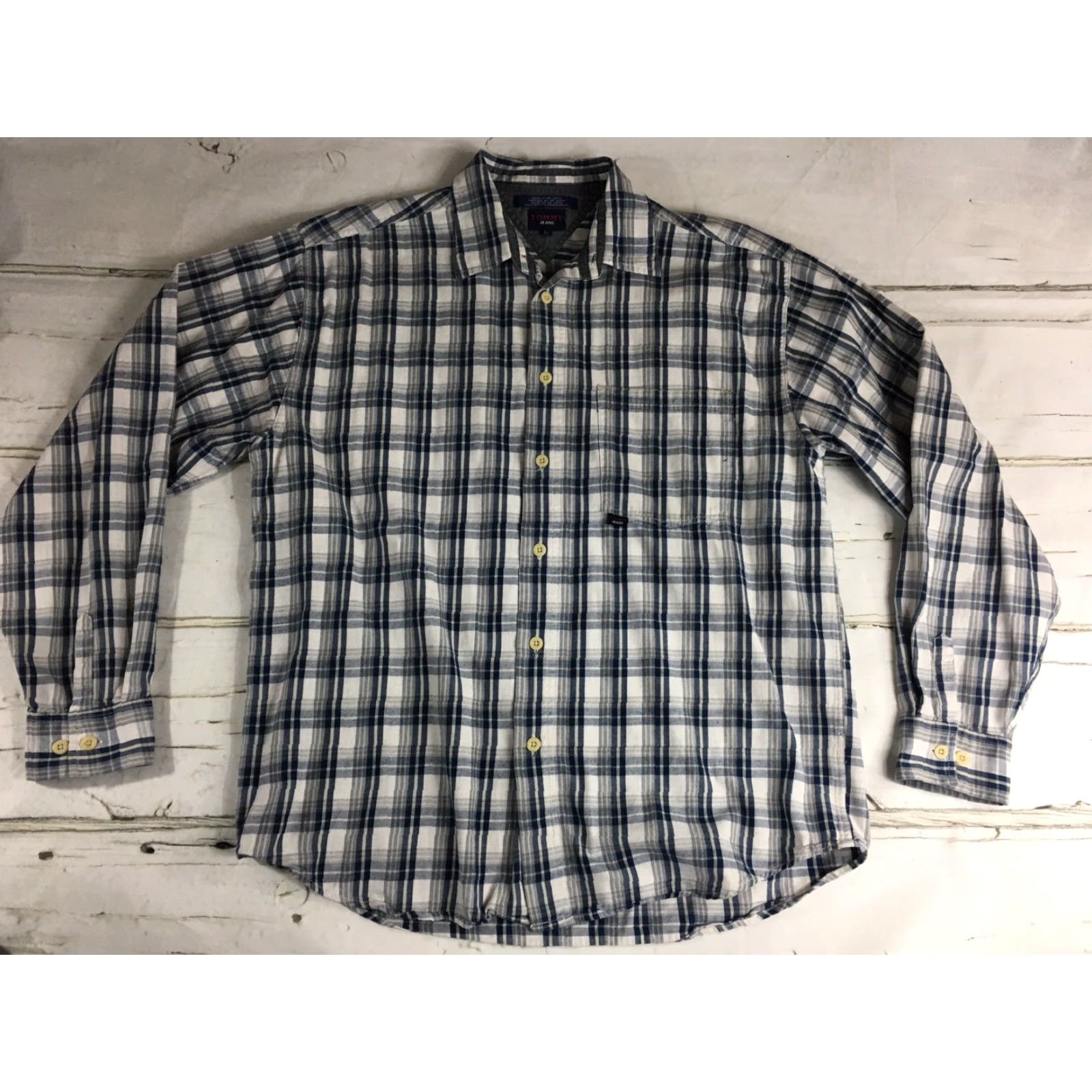 Tommy Hilfiger VINTAGE Tommy Hilfiger Jeans Casual Button Shirt Sz L EUC - Blue Gray Checkered Shirt Mens L Blue Plaids & Checks Button-Down Button-Up - 90s Size US L / EU 52-54 / 3 - 3 Thumbnail