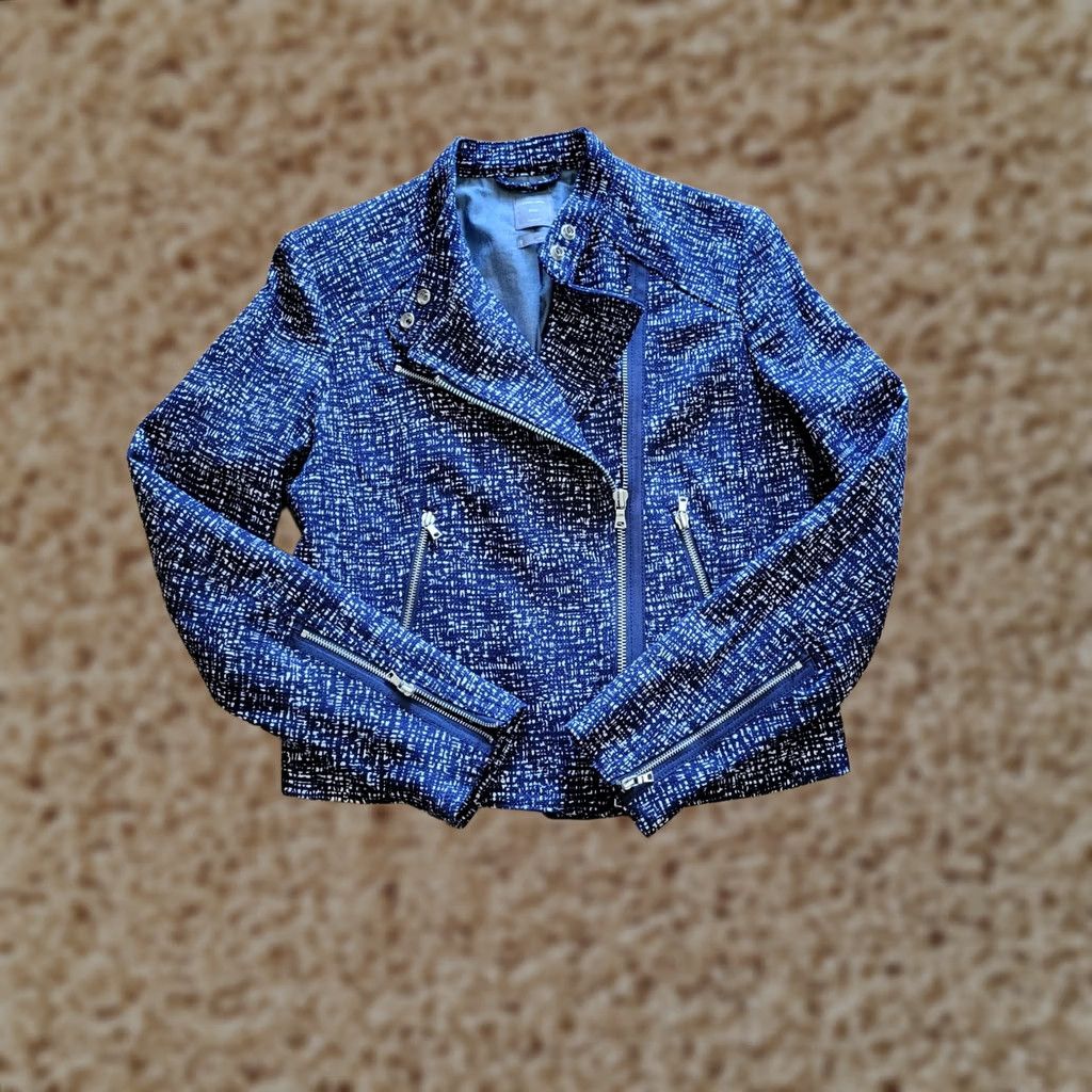 Gap Gap Denim Blue Tweed Moto Jacket - Women Size S, Zip Up, Long Sleeve, Casual Coat Size S / US 4 / IT 40 - 1 Thumbnail