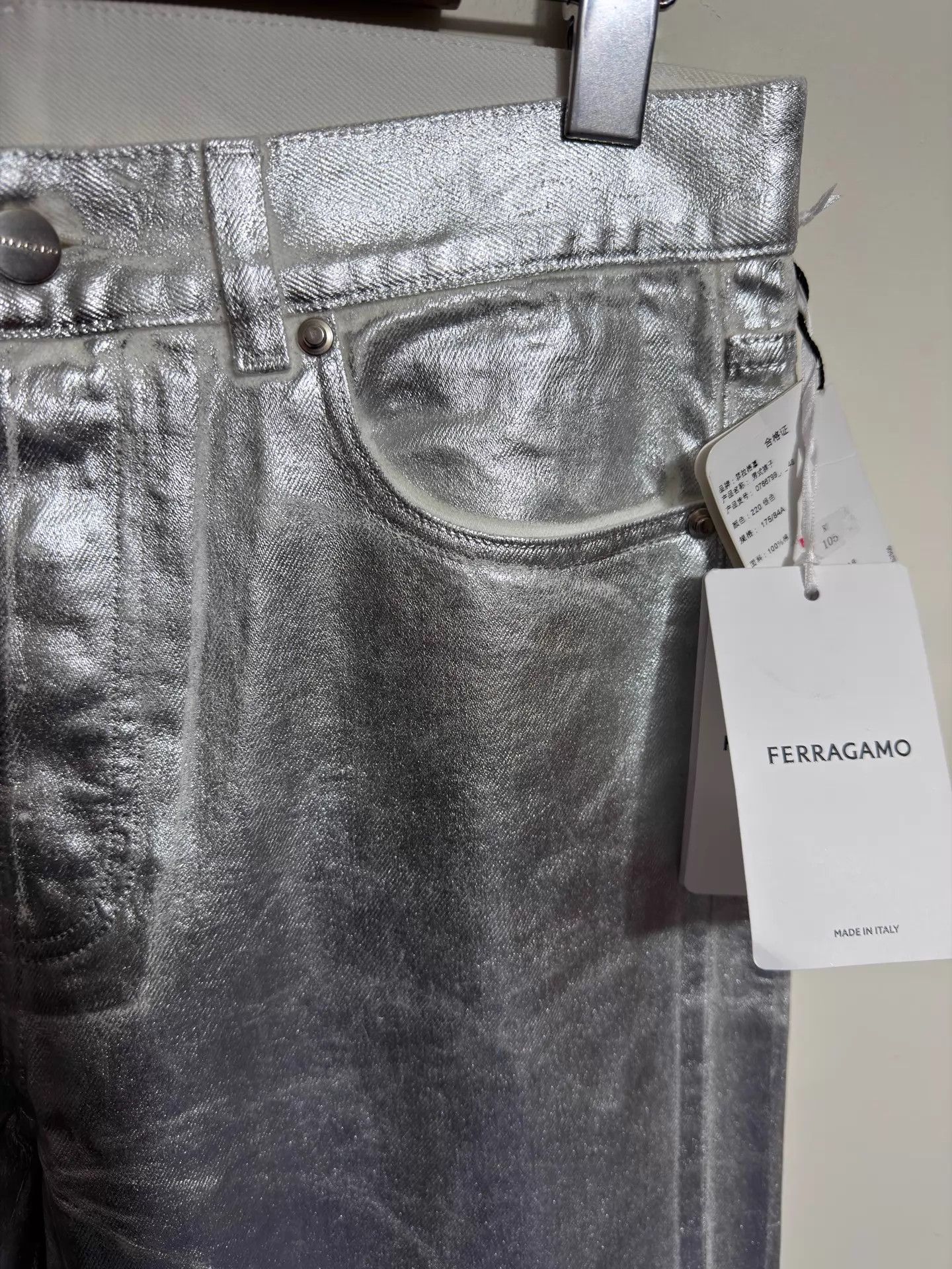 Salvatore Ferragamo SF Coated Silver High-Waist Straight Leg Jeans 48-50 Size US 32 / EU 48 - 3 Thumbnail