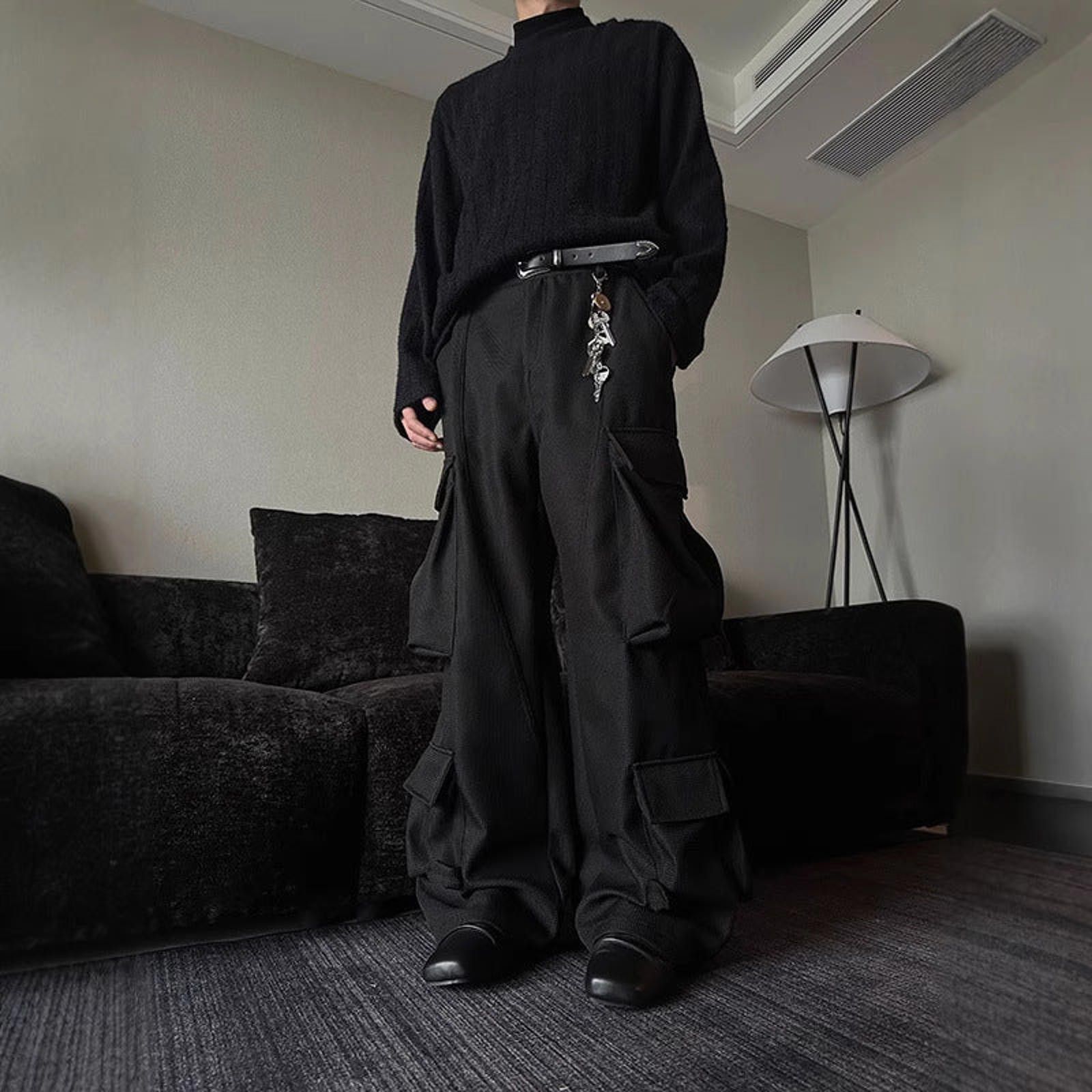 Japanese Brand Black Wide Leg Cargo Pants, Baggy Utility Trousers Size US 32 / EU 48 - 1 Thumbnail