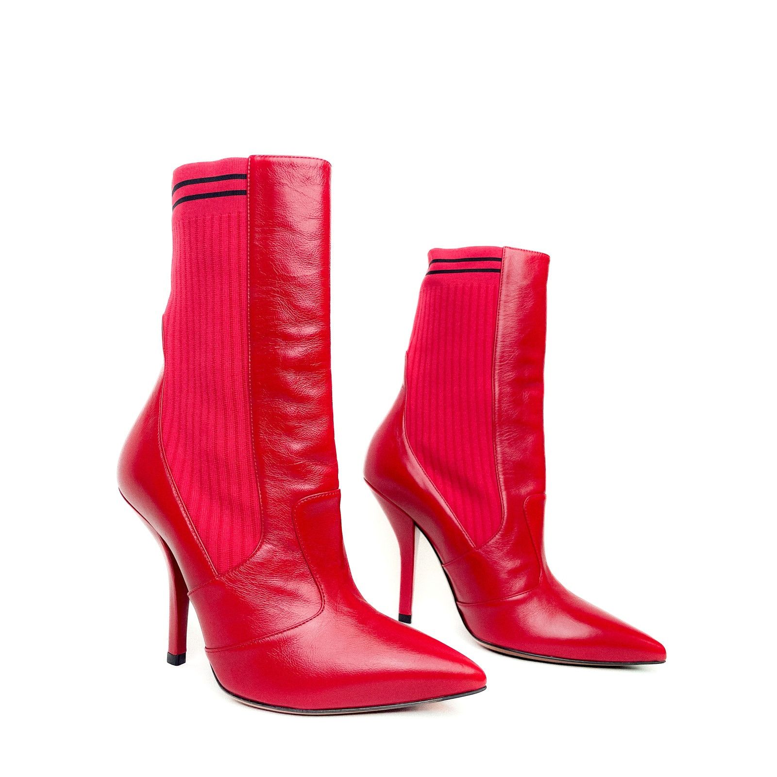 Fendi Red Leather And Knit Rockoko Ankle High Heel Boots Size US 8.5 / IT 38.5 - 7 Thumbnail