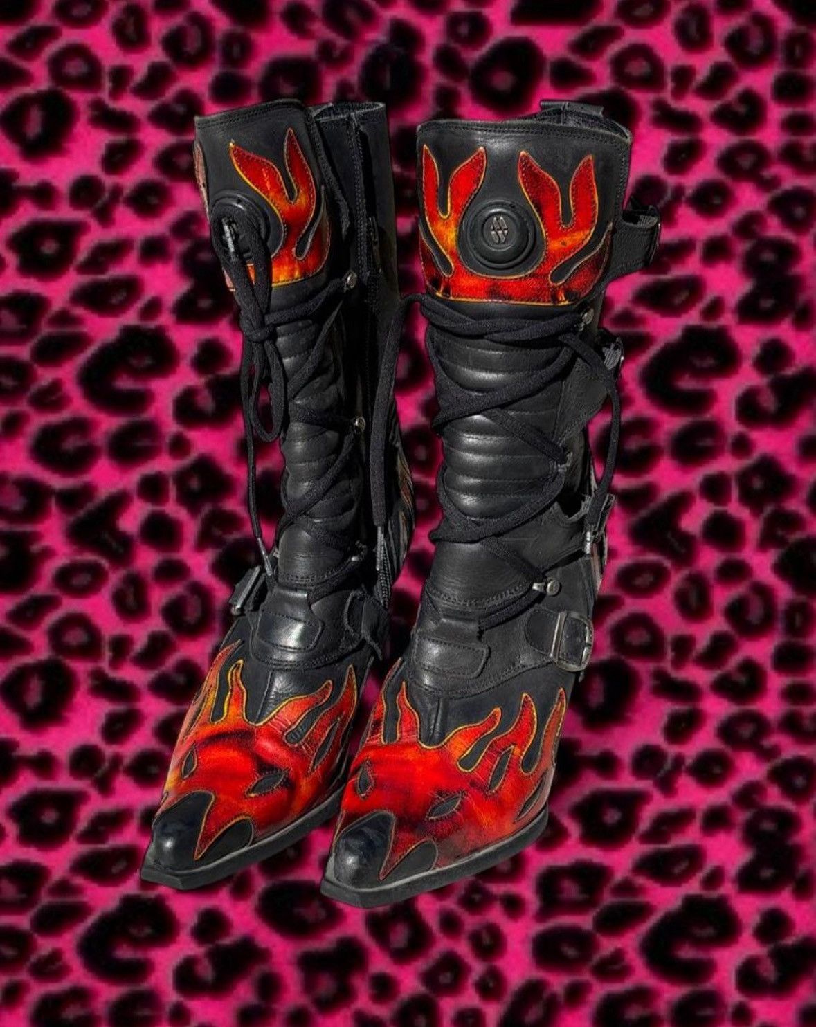 Vintage Early 2000’s New Rock Flame Chrome Stiletto Boots in Black, Women's (Size 7.5) — image 2 of 6