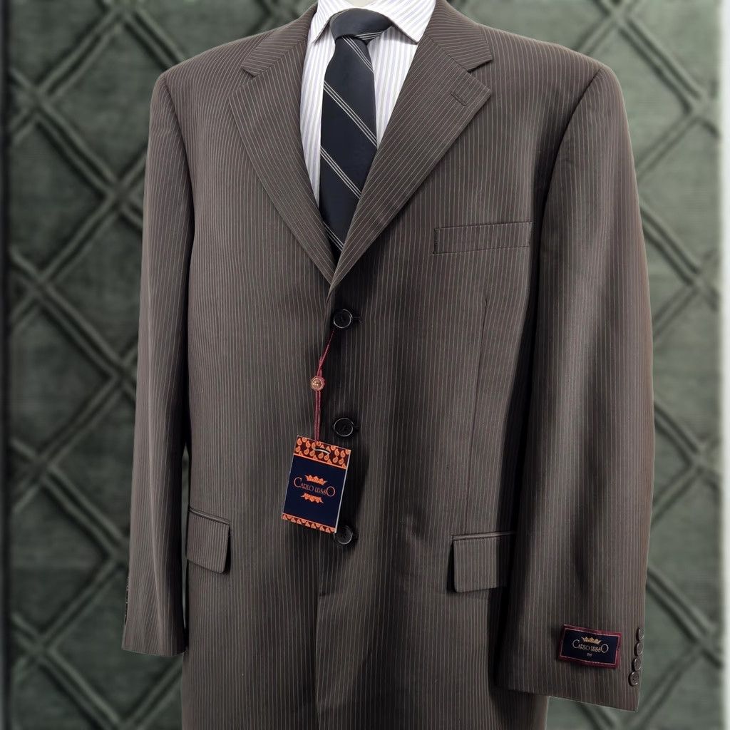 Vintage Carlo Lusso Suit Jacket Mens 48L Brown Striped Polyester Rayon 3 Button Notch Lapel Long 2 Piece Business Formal Jacket Size 48R - 1 Thumbnail