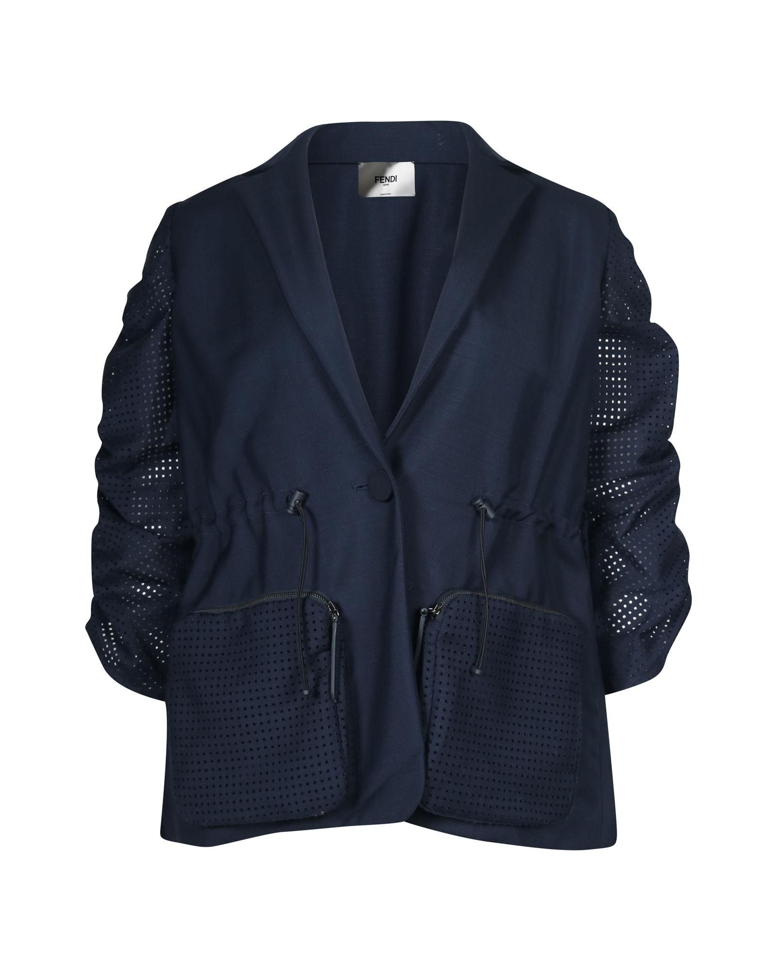 Image of Navy Blue Cotton Puff Sleeve Drawstring Jacket By Fendi in Blue/Navy Blue, Women's (Size XS)