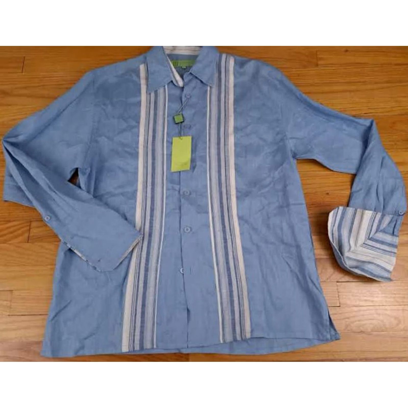 X-LARGE VINTAGE 100% Linen Full Button Lite Blue Long Stripe X-Large Shirt Maxini NWT Size US XL / EU 56 / 4 - 3 Thumbnail