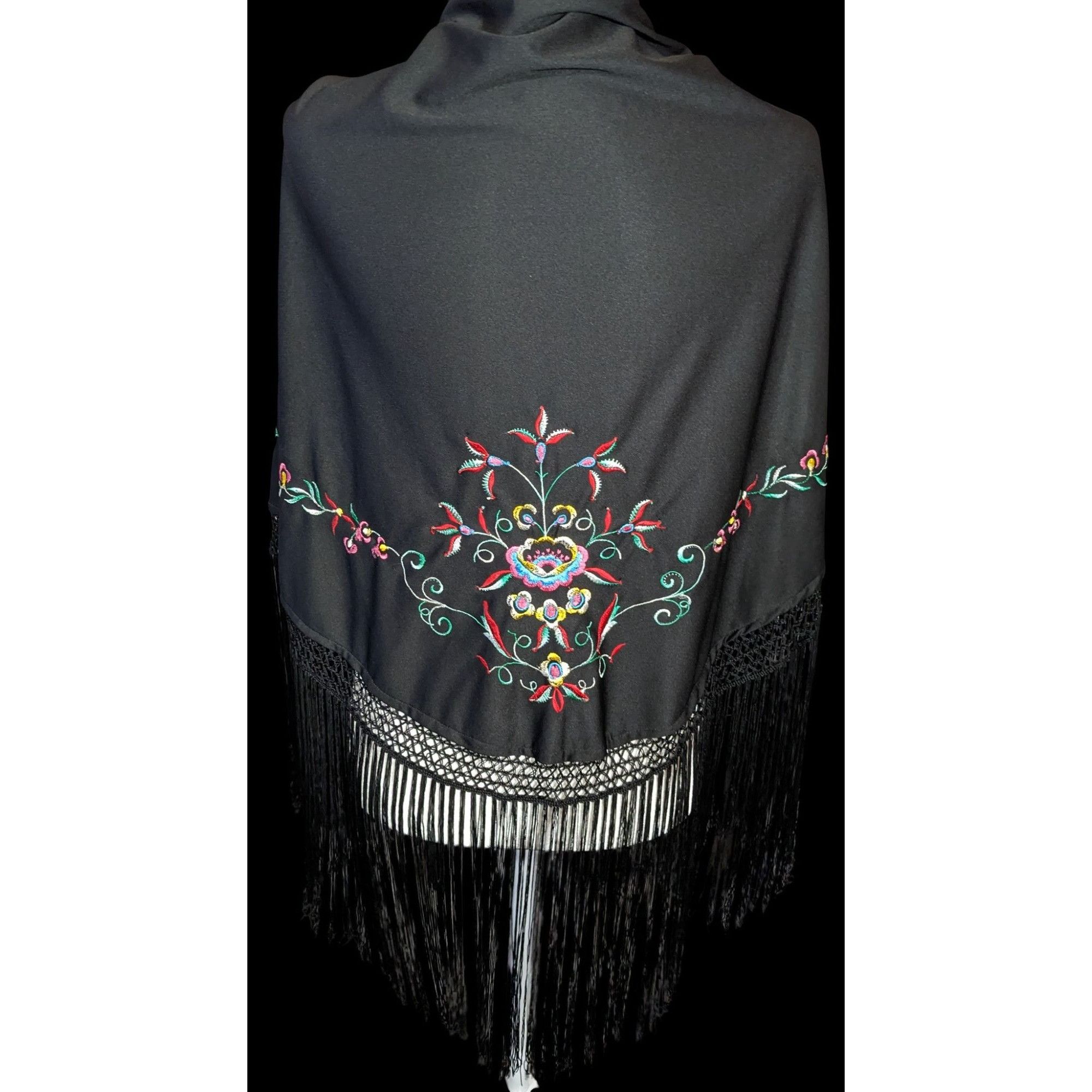 Other Vintage Floral Hand Embroidered Triangle Scarf With Fringe Size ONE SIZE - 1 Thumbnail