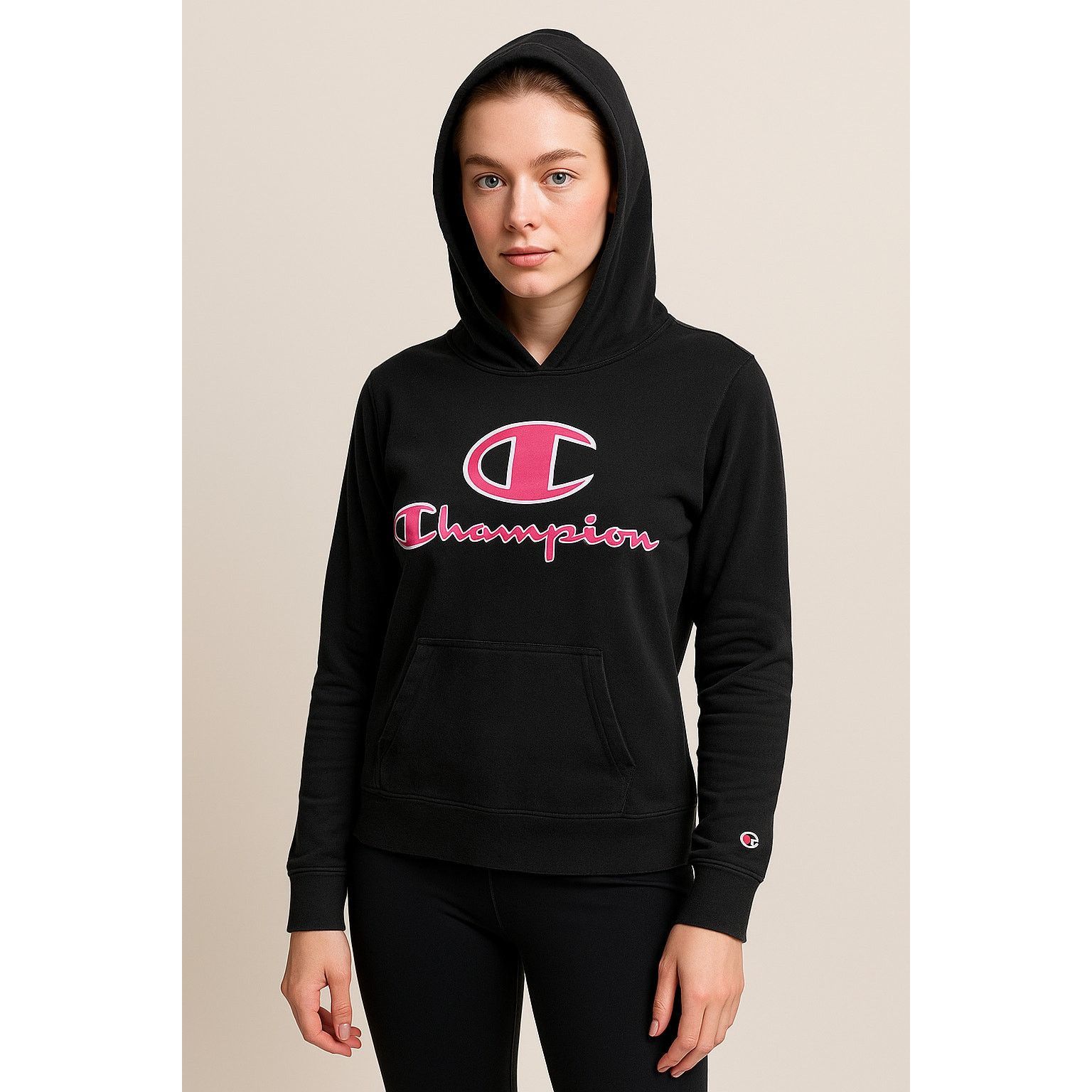 Champion Y2K Streetwear Black Champion Hoodie Pink Logo Pullover M Size S / US 4 / IT 40 - 1 Thumbnail