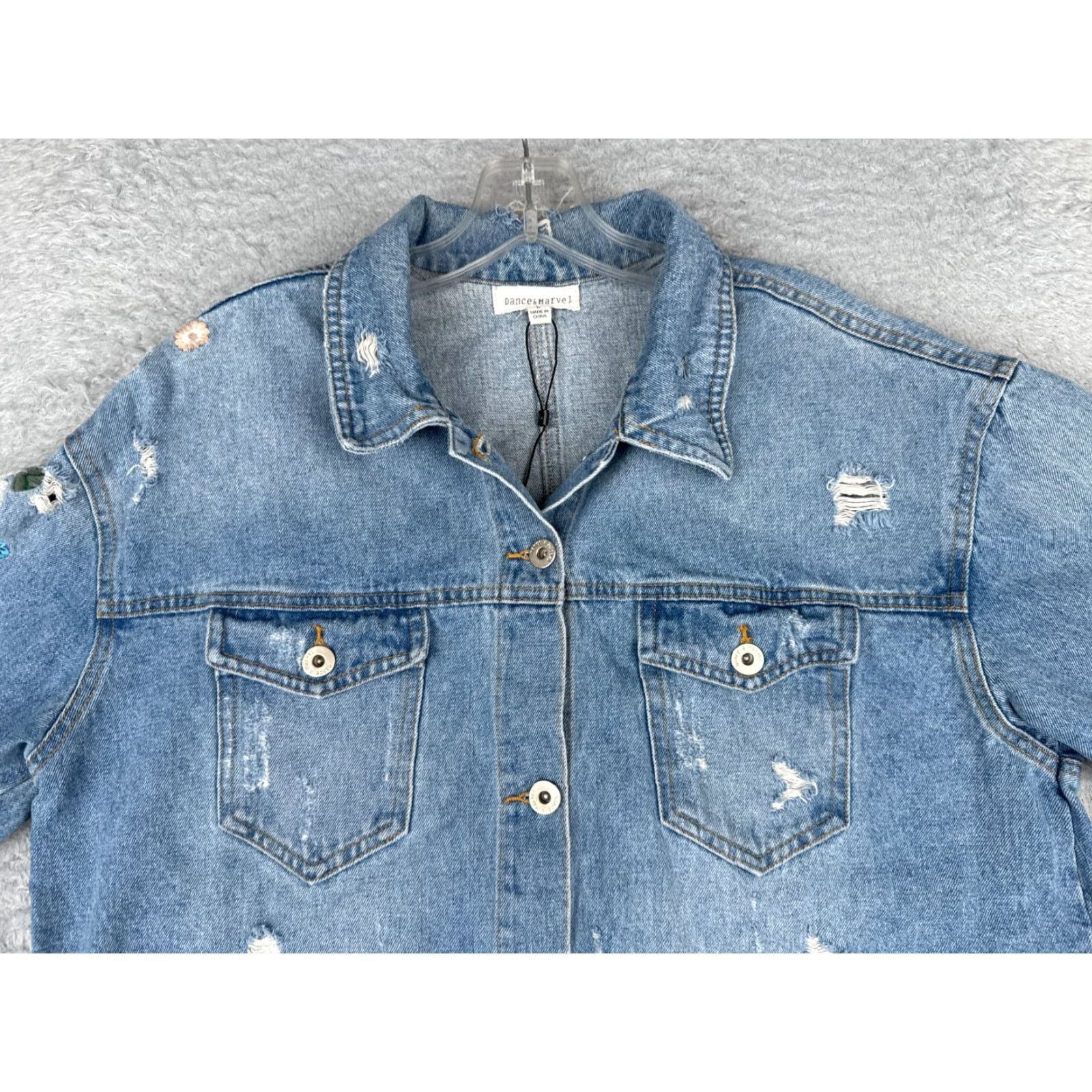 Vintage Dance & Marvel Jacket Womens Large Blue Denim Jean Distressed Floral Embroidered Size 40" / US 18 - 4 Thumbnail