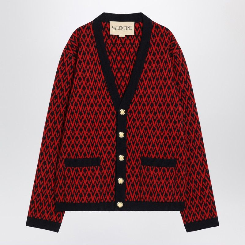 Valentino Valentino Jacquard Patterned Cardigan Toute La V Red/Navy Blue Size US M / EU 48-50 / 2 - 1 Thumbnail