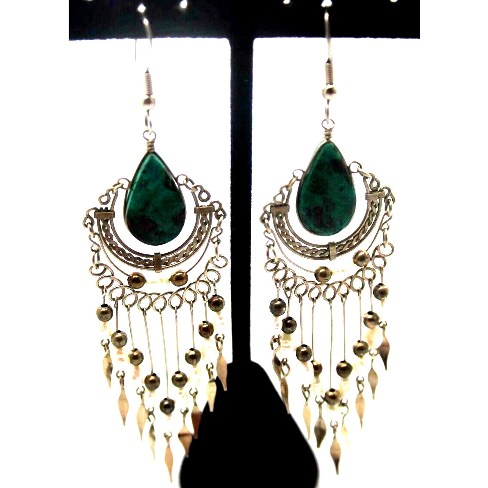 Other Freshwater Pearl Malachite Dangle Earrings Silvertone 3-1/2" Size ONE SIZE - 1 Thumbnail