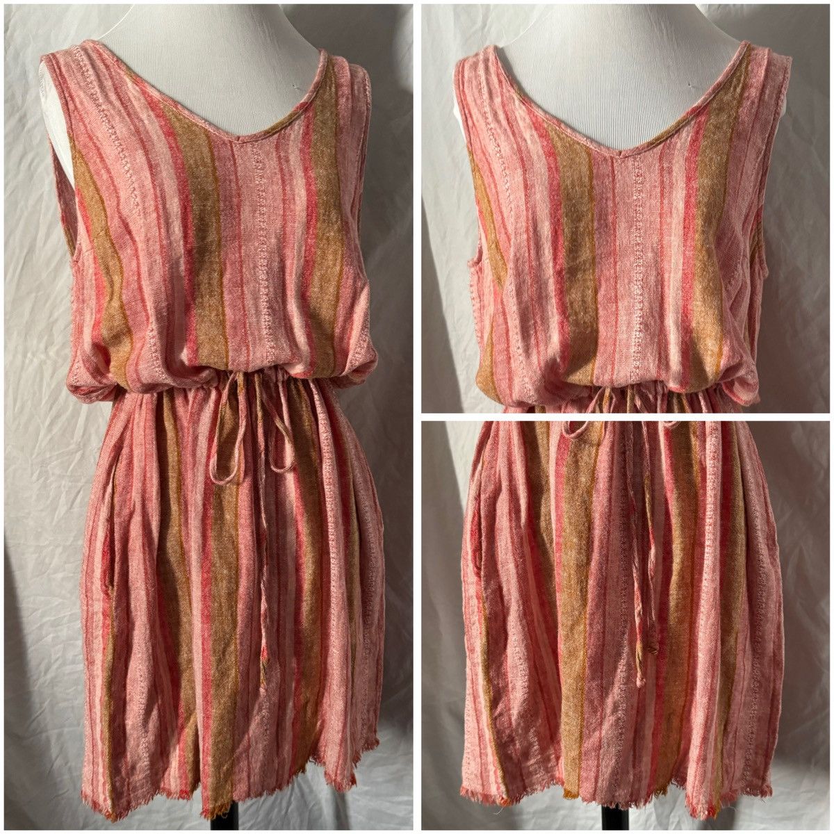 Anthropologie × Drew DREW Red Nat Dobby, Striped, Drawstring Linen Dress Size L / US 10 / IT 46 - 4 Thumbnail