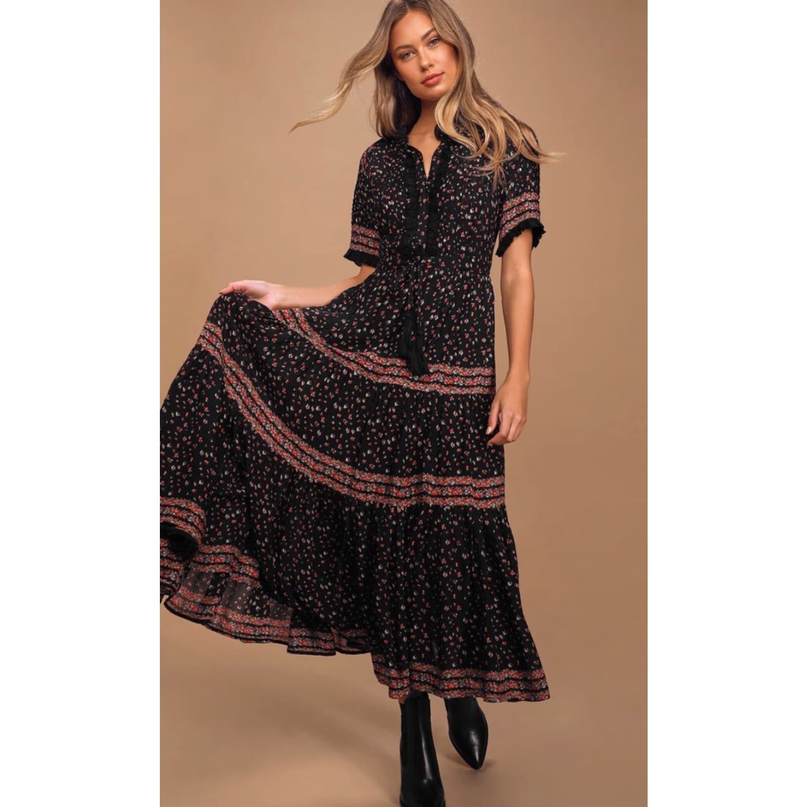 Free People Free People Dress Maxi Bohemian Print Floral Black XS Short Sleeve Button Layered Vintage No Size XS / US 0-2 / IT 36-38 - 2 Thumbnail