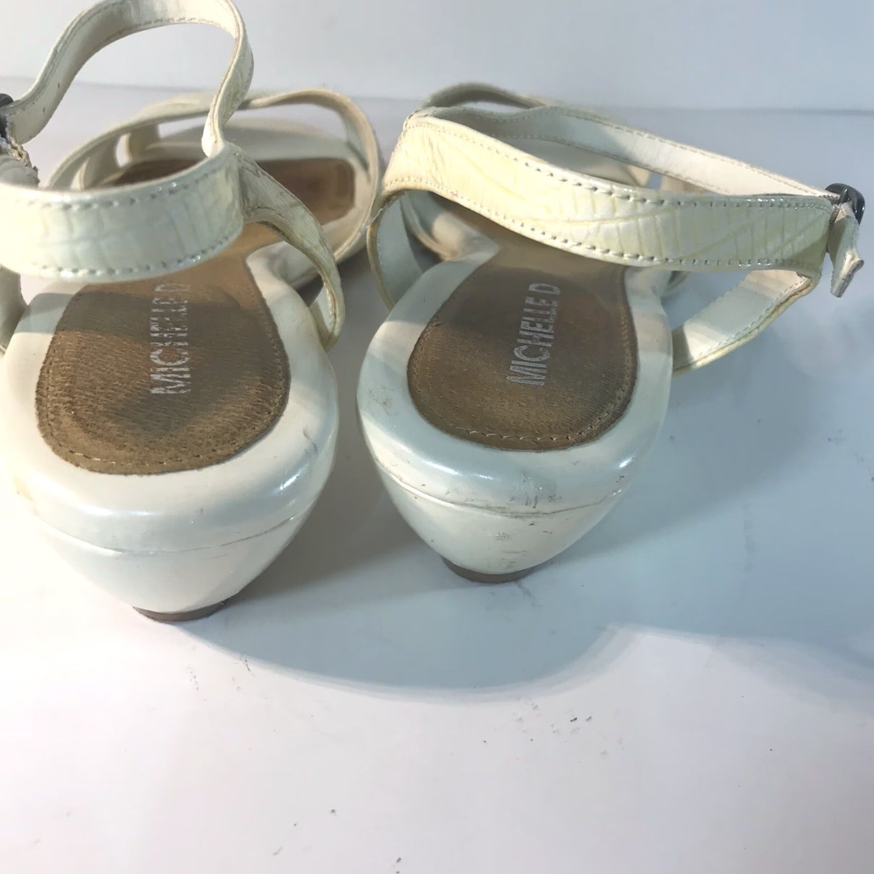 Vintage MICHELLE D Leather Wedges Open Toe Ivory Size 9.5M Womens Strappy 1in Platform Size US 9.5 / IT 39.5 - 4 Thumbnail