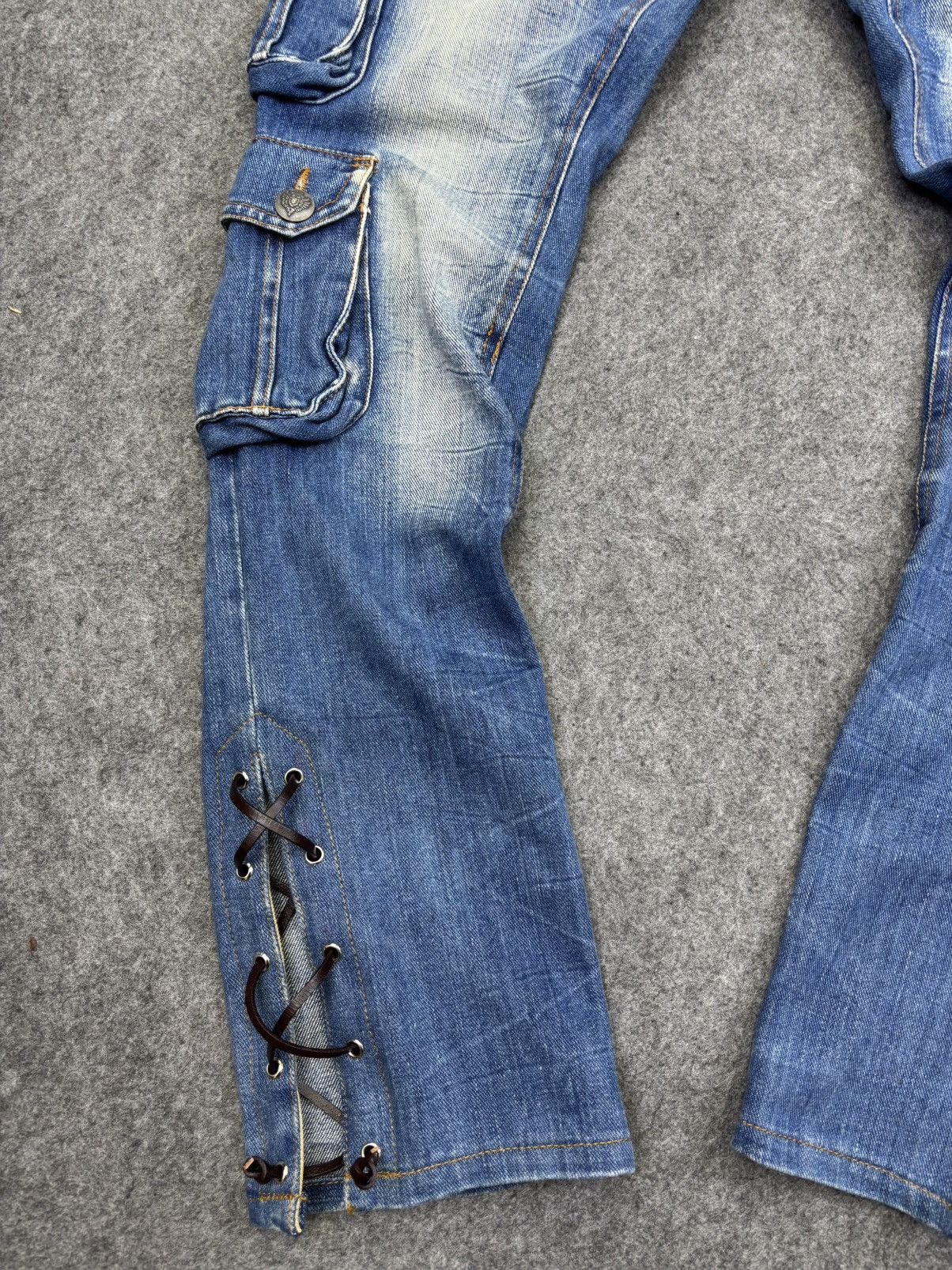 Japanese Brand Flare Lace Up Mangrove Double Waist Stone Wash Denim F812 Size US 32 / EU 48 - 5 Thumbnail