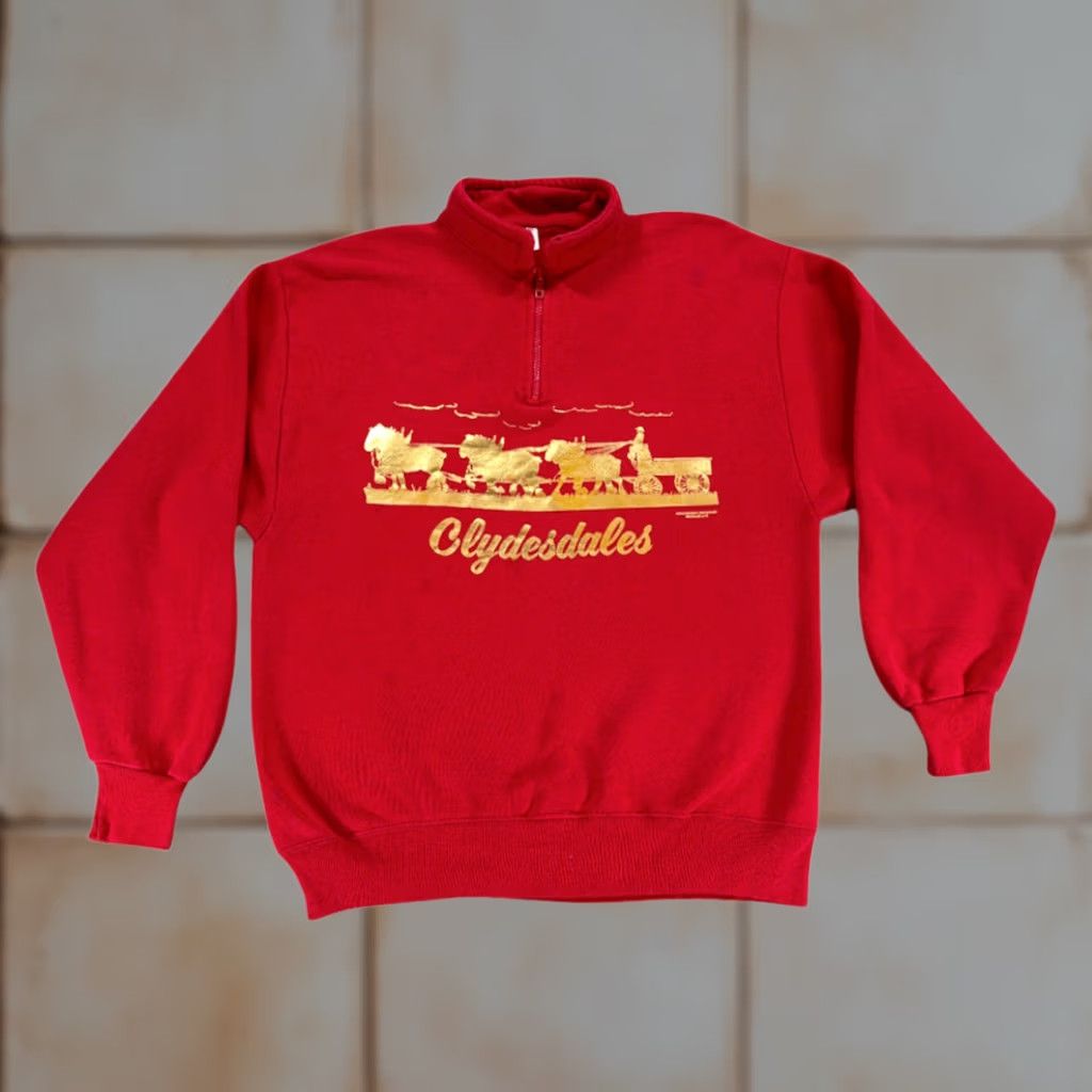 Jerzees VINTAGE Jerzees Sweater Shirt Adult MEDIUM Red 90s Clydesdales Stagecoach Horse Pulling Wagon Graphic Print 1/4 Zip Mens Size US M / EU 48-50 / 2 - 1 Thumbnail