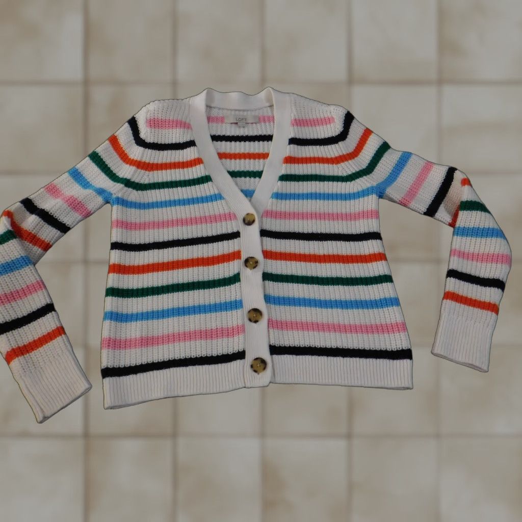 Loft LOFT Cardigan Sweater White Striped V-Neck Knit Long Sleeve M Regular Women Size M / US 6-8 / IT 42-44 - 1 Thumbnail